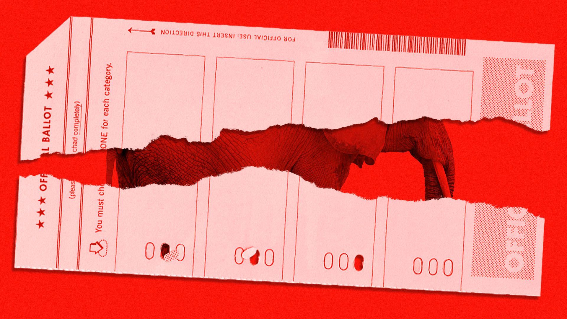 Illustration of a torn ballot with an elephant behind it