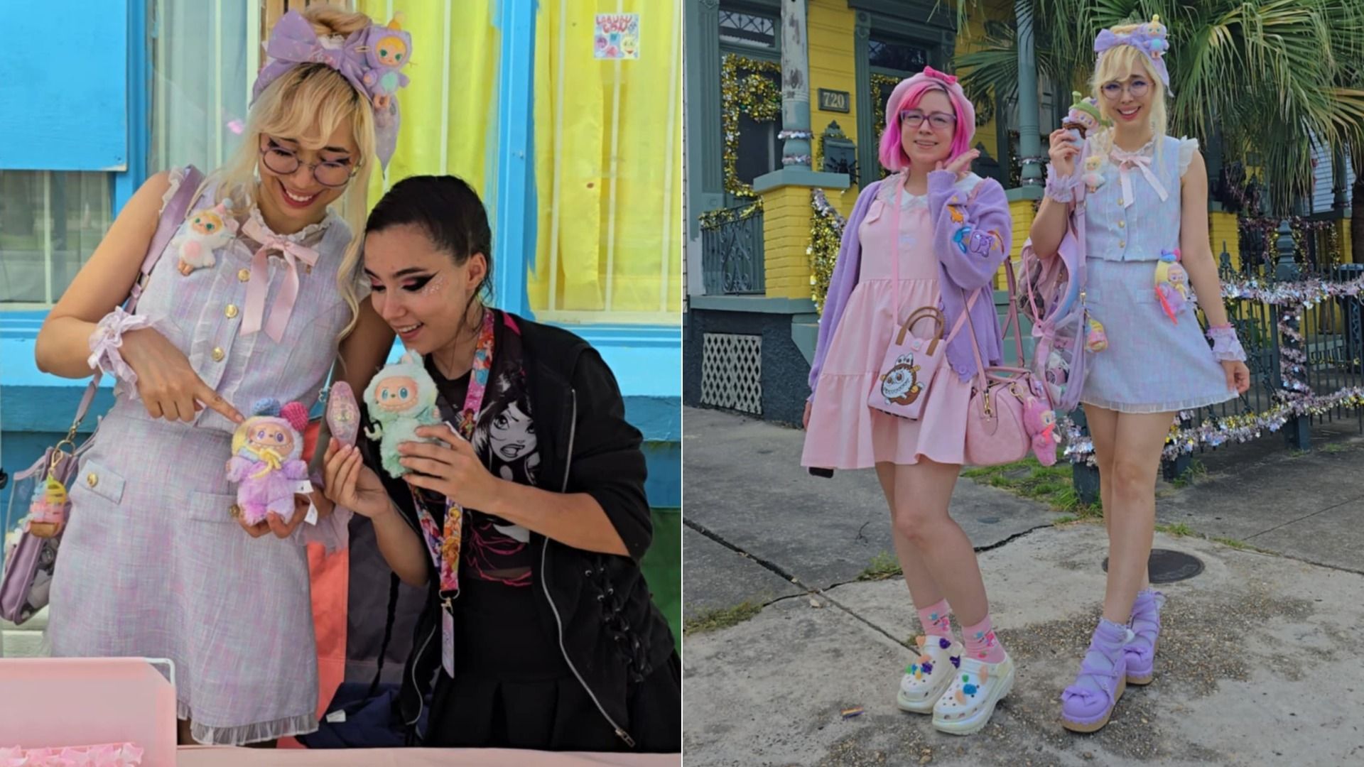 In two side-by-side photos, people show off their Labubu dolls to the camera.