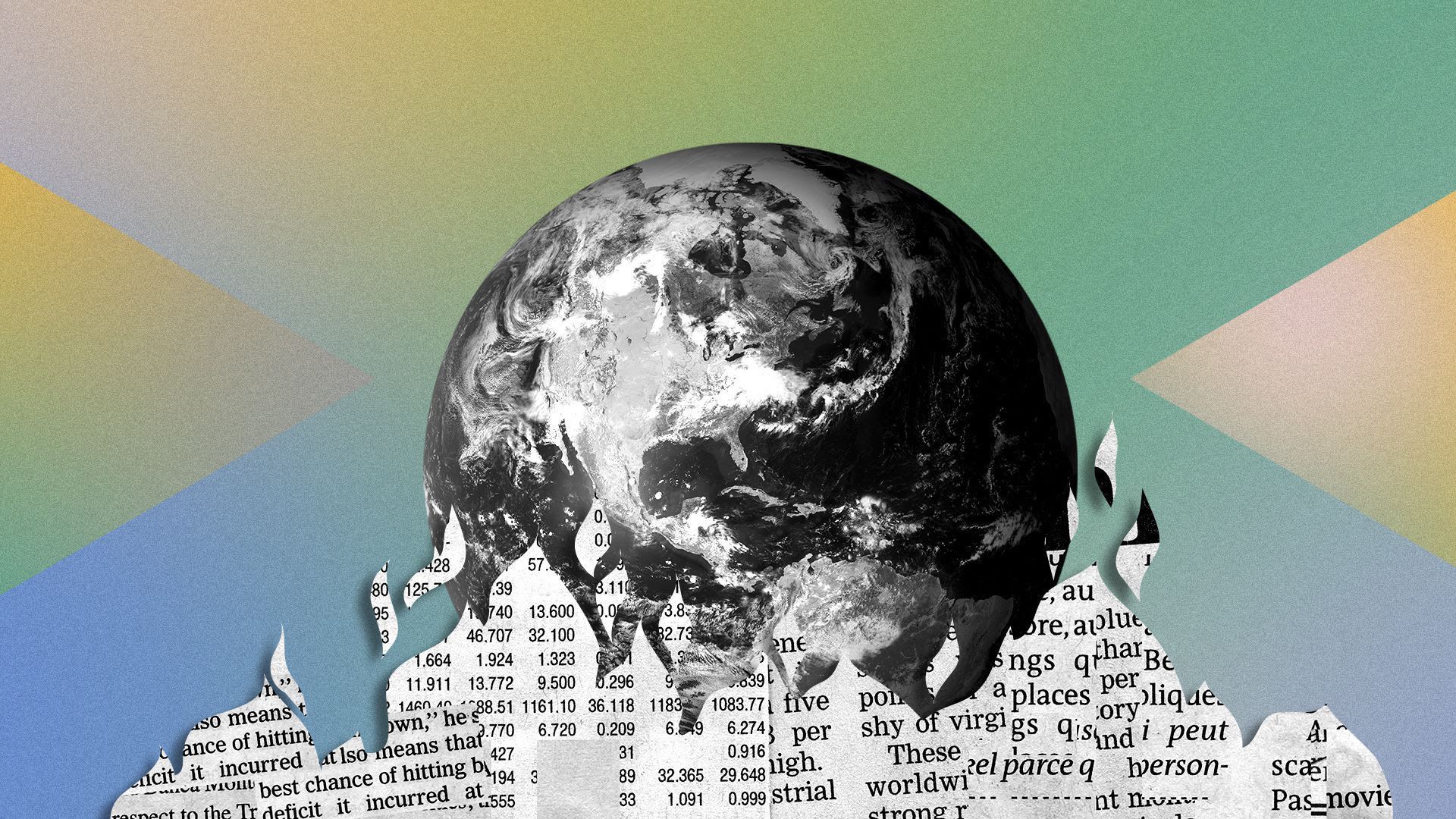 Illustration of a globe with newspaper pieces in flames below it.