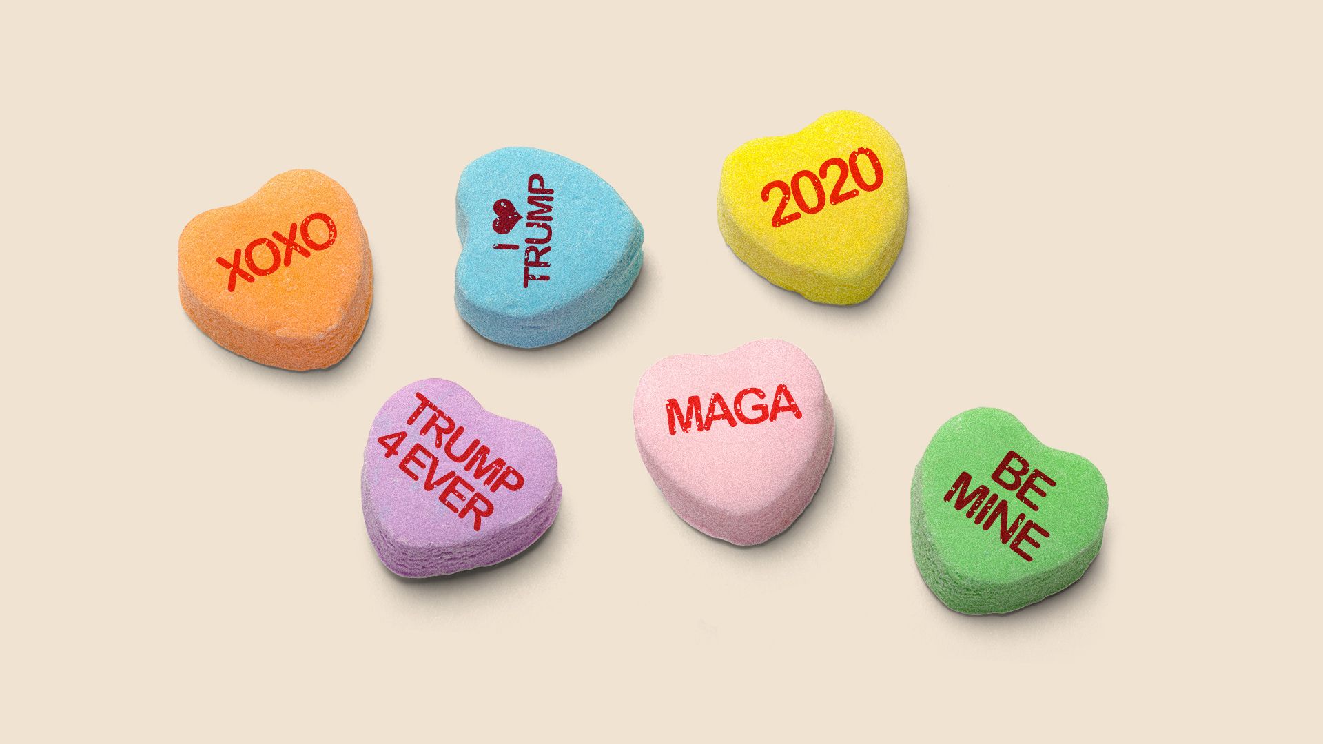 Illustration of valentines heart candies with messages written on them, like TRUMP 4 EVER, MAGA and I HEART TRUMP