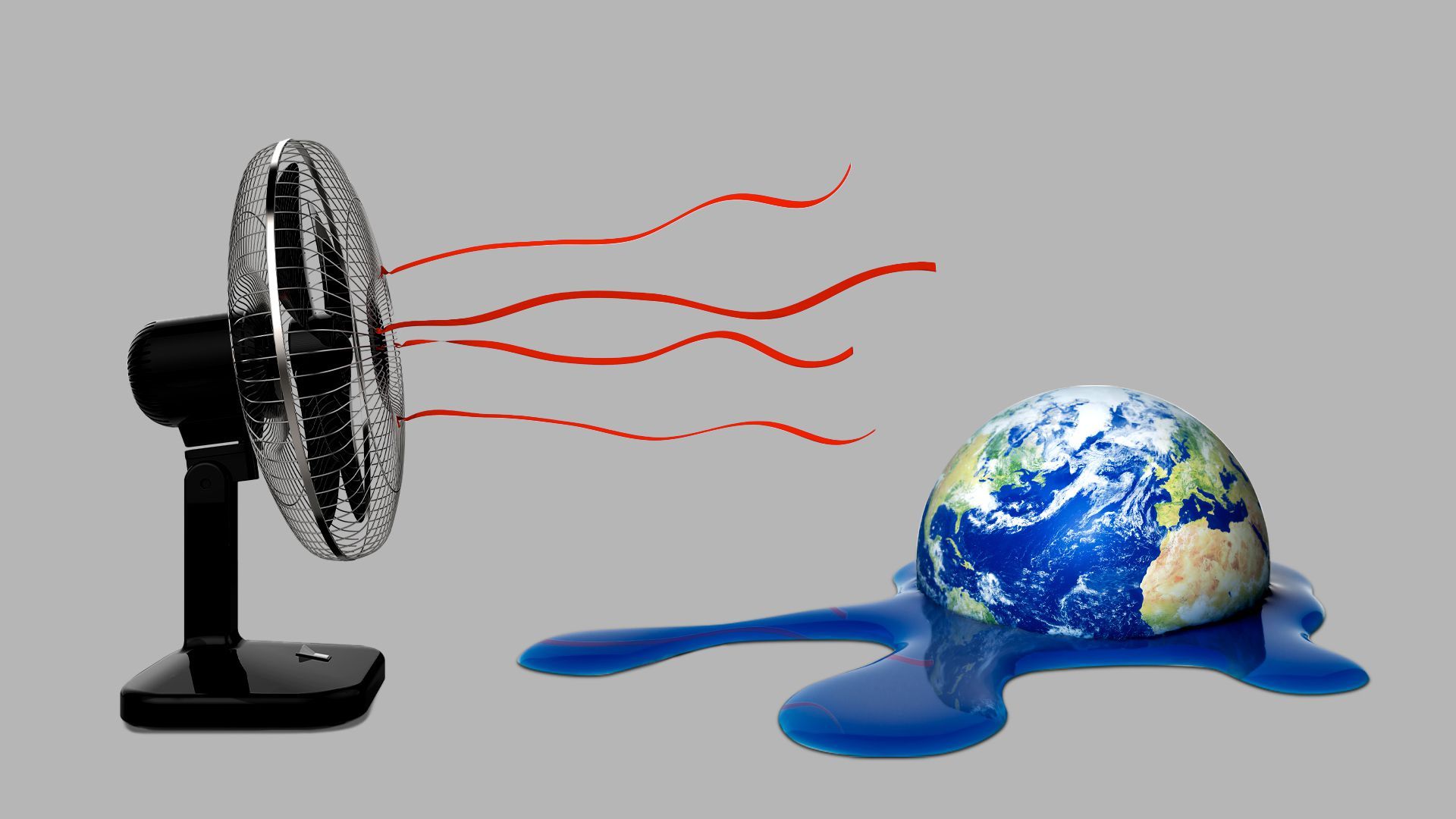Illustration of a fan blowing on a melting Earth. 