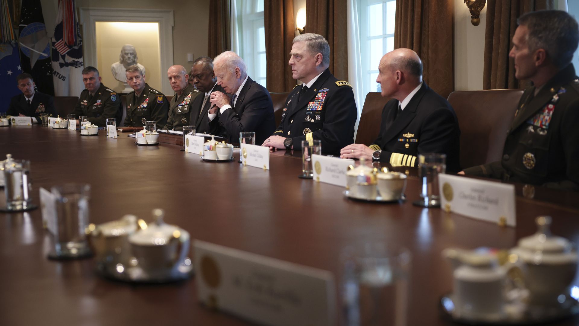 President Biden is seen meeting with the nation's combatant commanders in the Cabinet Room.