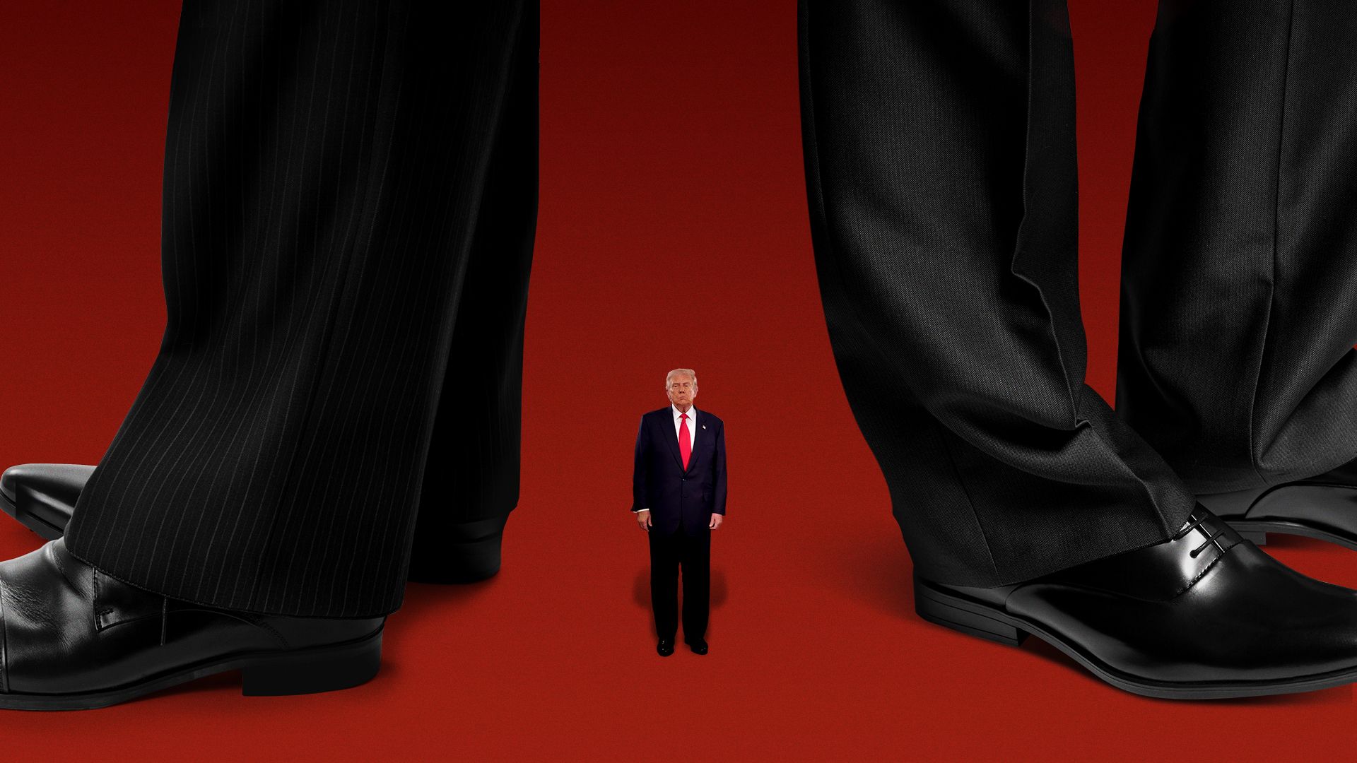 Illustration of a small Trump standing in between two large businessmen, facing away from him.