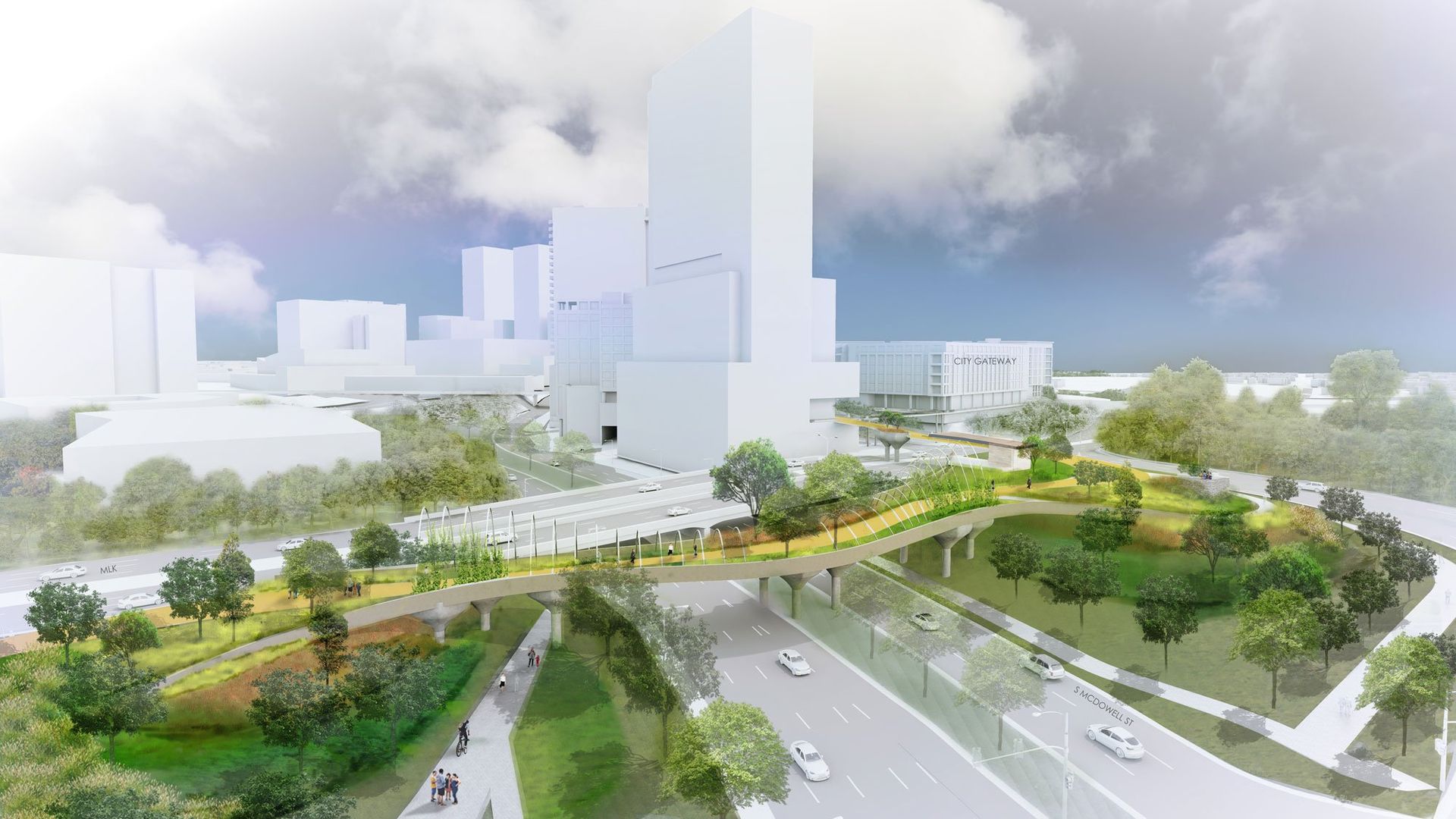 Futuristic cityscape rendering with white geometric skyscrapers, elevated highways, and a green park in the foreground. A tall central tower and a building labeled "CITY GATEWAY" sit beneath a cloudy sky.