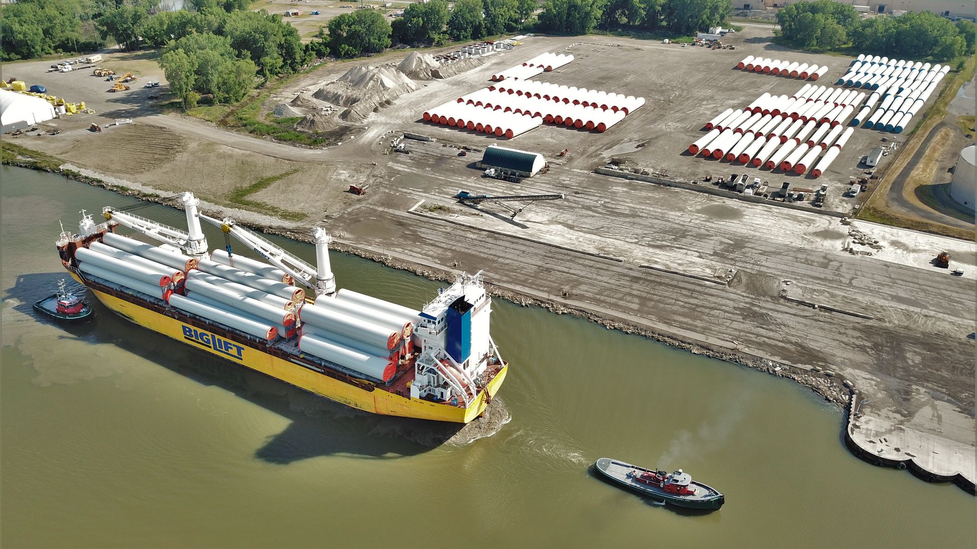 Wind tower components on a ship at the Port of Monroe in 2020.