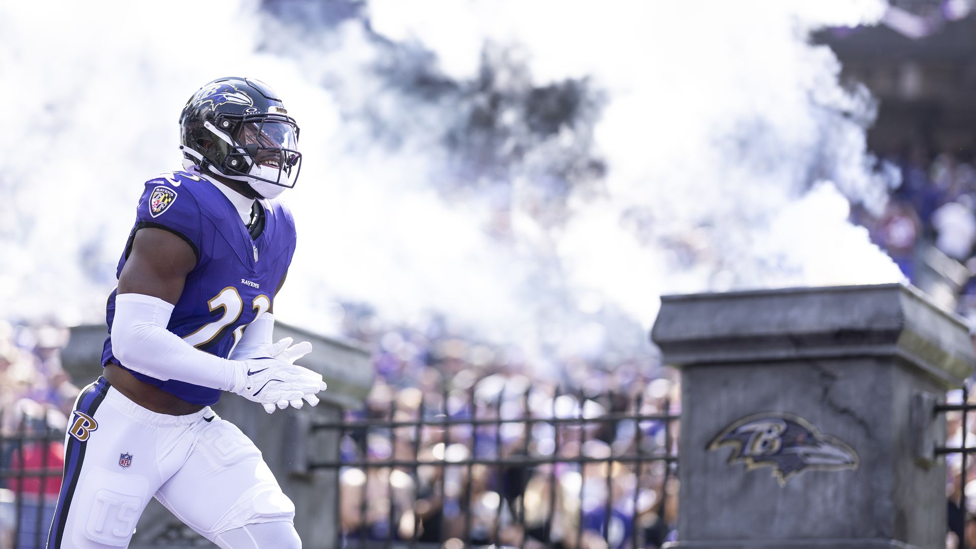  Trenton Simpson #23 of the Baltimore Ravens reacts as he takes the field prior to an NFL football game between the Baltimore Ravens and the Las Vegas Raiders at M&T Bank Stadium on September 15, 2024 in Baltimore, Maryland. (Photo by Michael Owens/Getty Images)