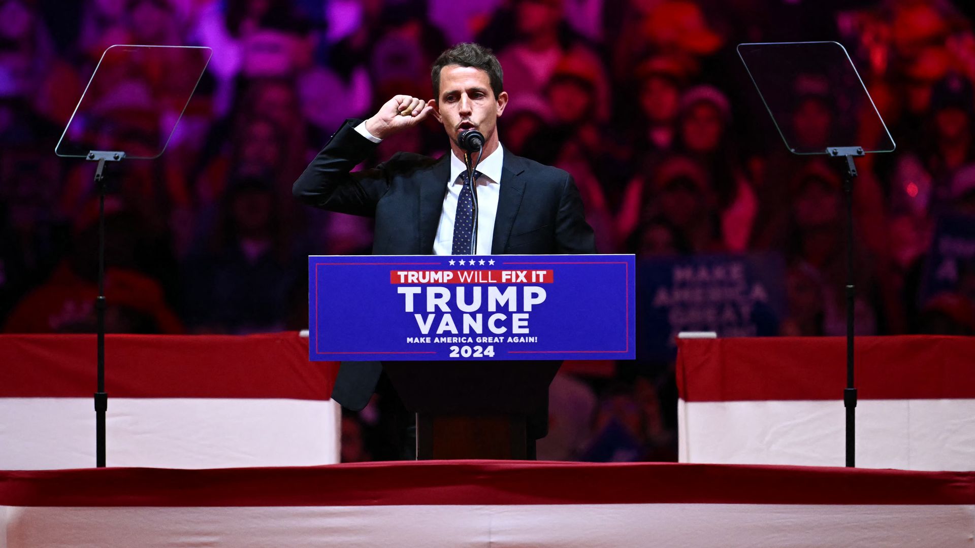 Comedian Tony Hinchcliffe speaks during a campaign rally for former US president and Republican presidential candidate Donald Trump at Madison Square Garden in New York on October 27, 2024. 