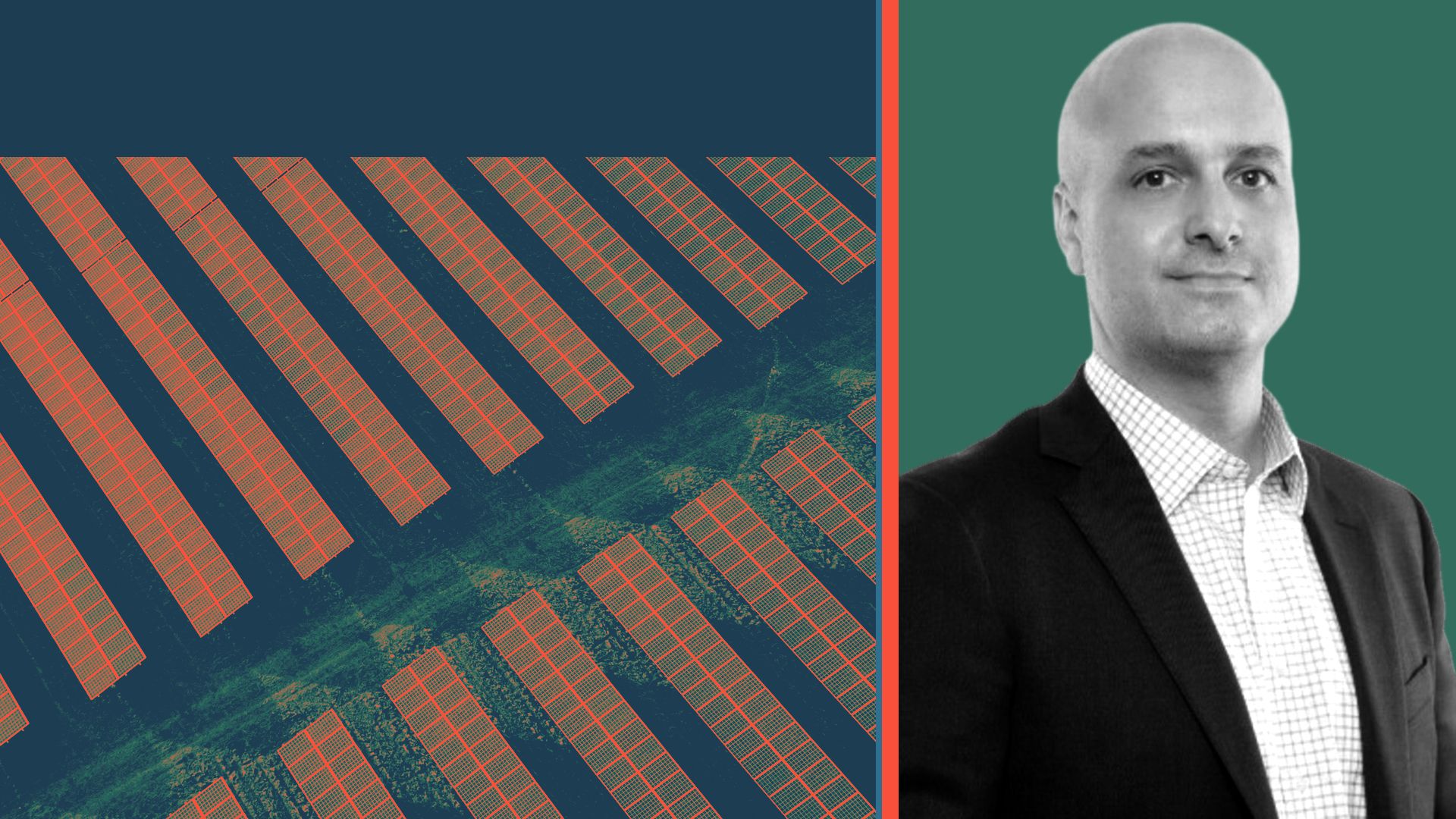Photo illustration of Thomas Byrne next to a photo of a solar farm and colorful shapes.