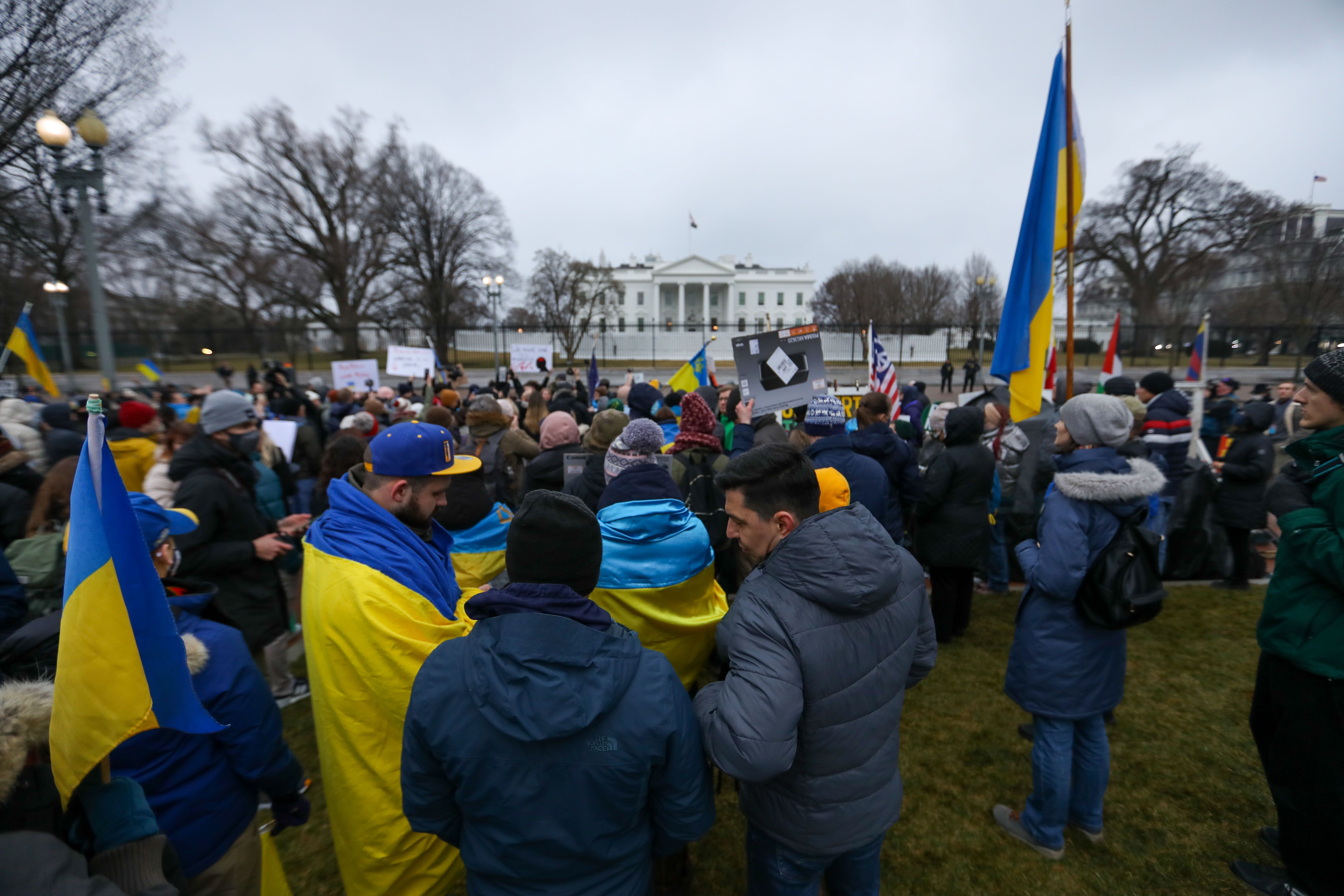 Ukrainians gather in front of the White House on February 24.
