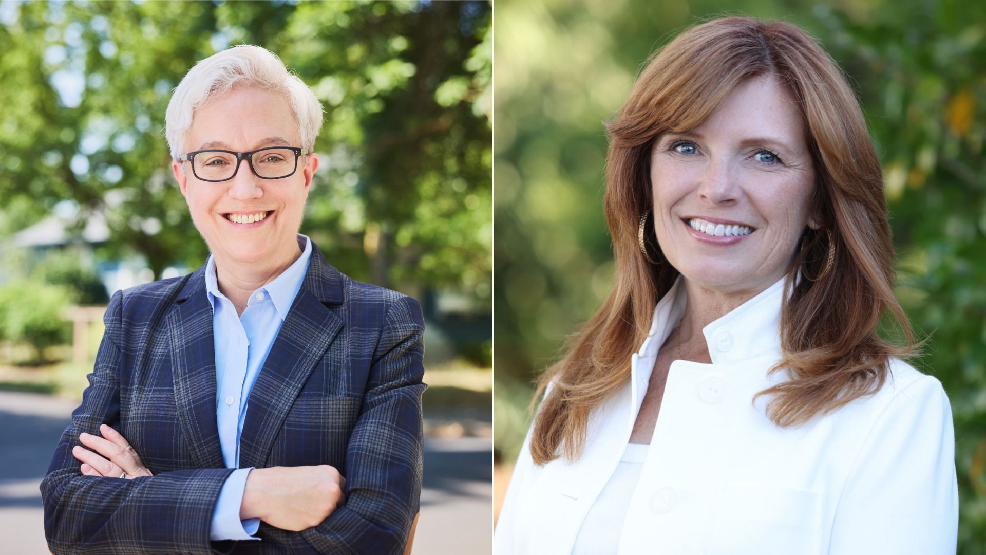Split image of two people outdoors: left, a person with short white hair, glasses, blue shirt, and dark plaid blazer; right, a person with long reddish-brown hair in a white jacket, with green foliage in the background.