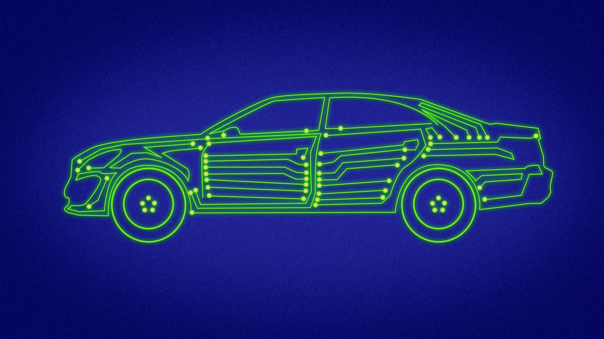 Illustration of a car made out of circuitry