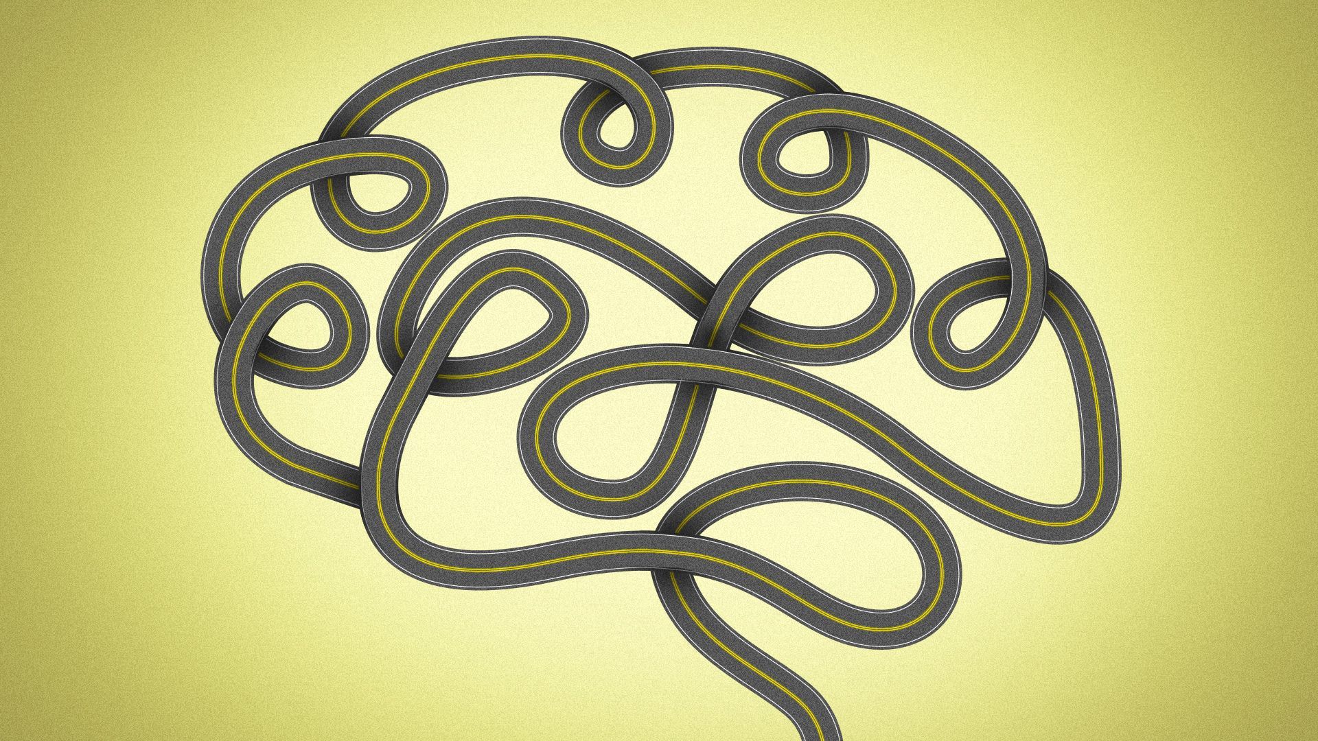 Illustration of a road that winds and weaves around forming the shape of a brain. 