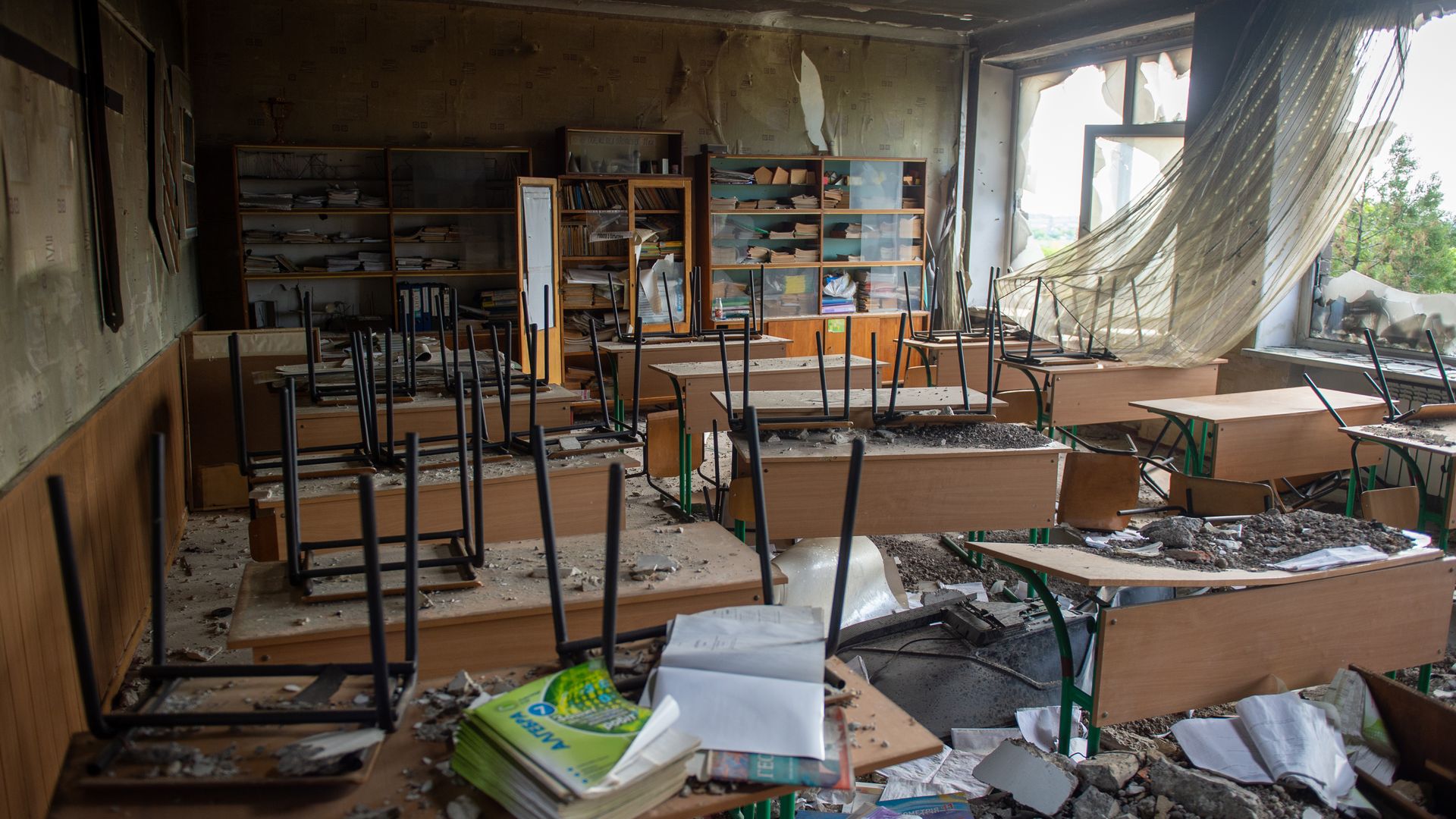 A view of school destroyed after the Russian attacks in the village of Vilhivka, Kharkiv region, Ukraine on May 25, 2022.