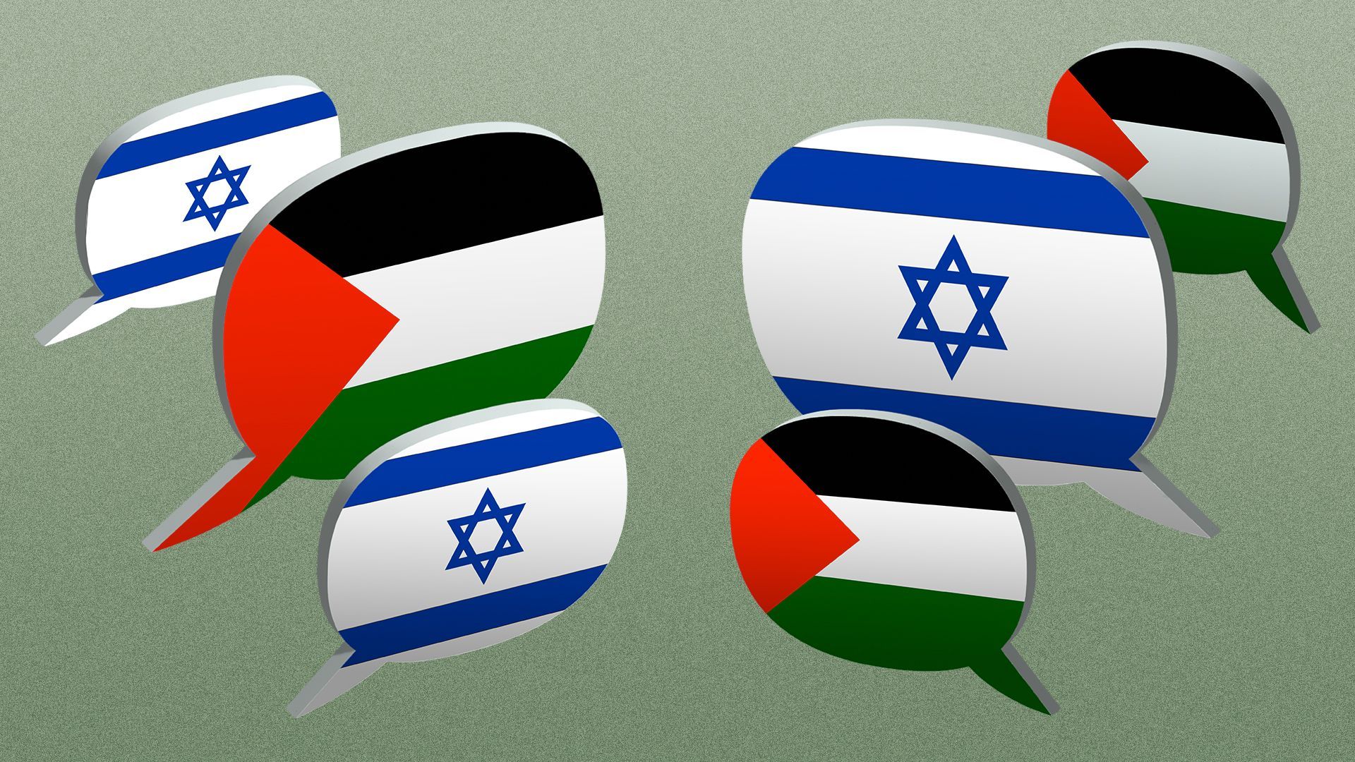 Illustration of six word balloons, three with the Israeli flag in them, and three with the Palestinian flag in them. 