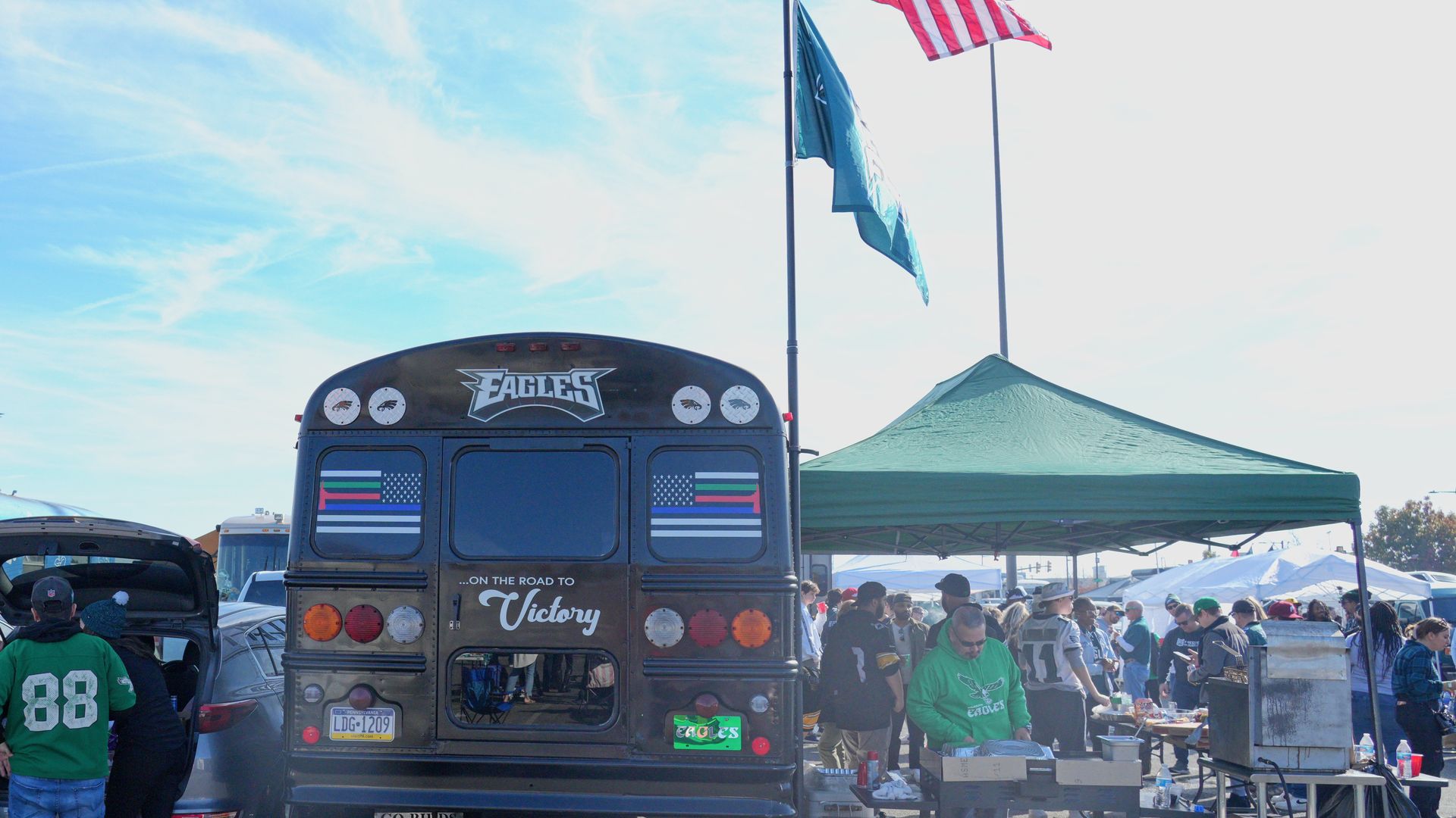 Eagles fans during a 2022 tailgate at the Linc.