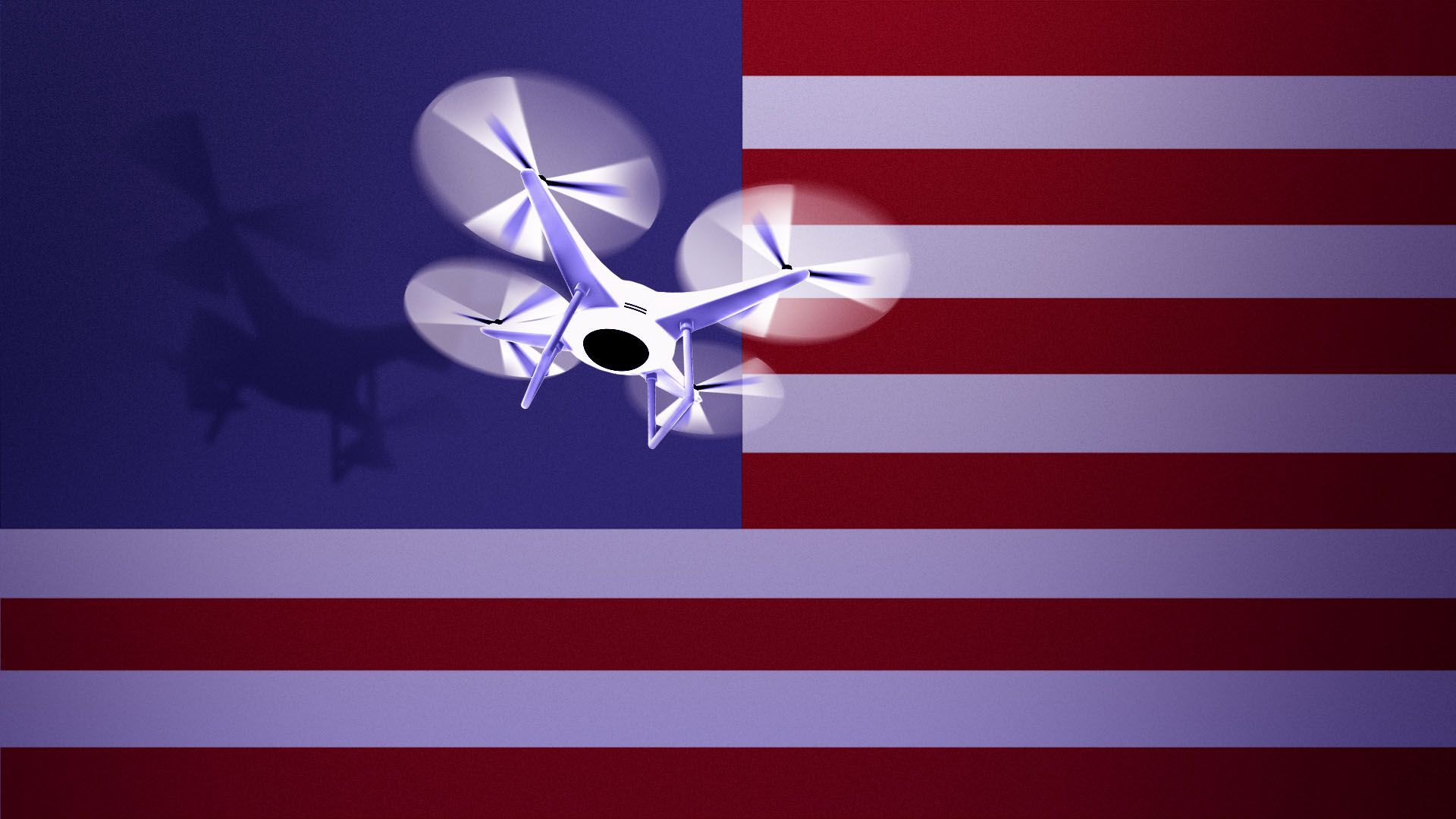 Illustration of a drone flying against a starless U.S. flag 