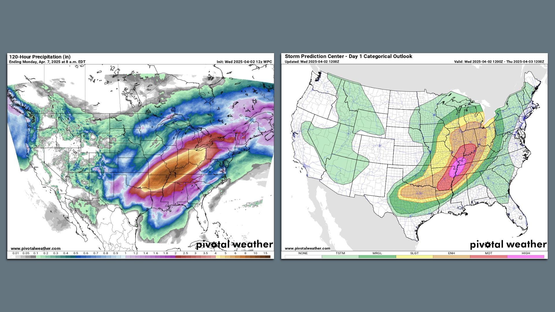 Maps showing flooding risk on the left and severe thunderstorm risk on the right for April 2, 2025.