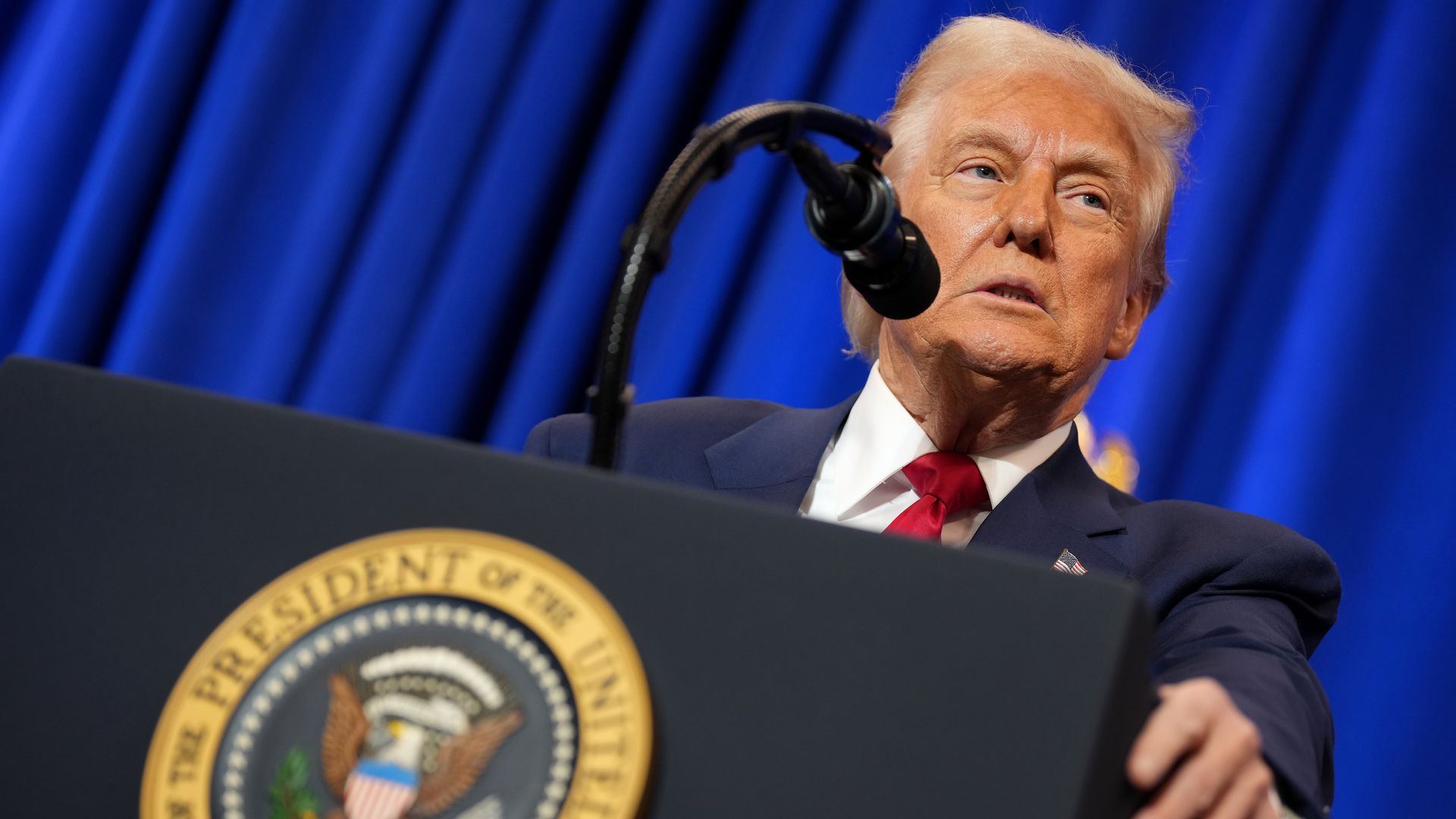 President Donald Trump speaks at the Justice Department March 14, 2025 in Washington, DC. As he has used the department to punish enemies, Trump is expected to deliver a law and order speech and steps he will take to counter "weaponization" of the department.