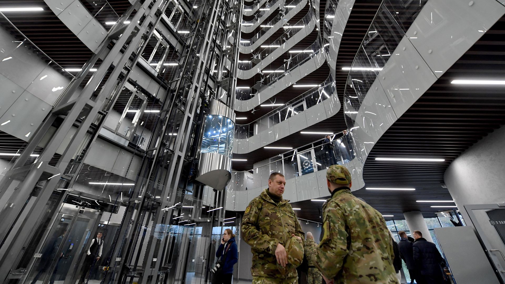People inside the Wagner Private Military Company's headquarters in Saint Petersburg, Russia, in November 2022.