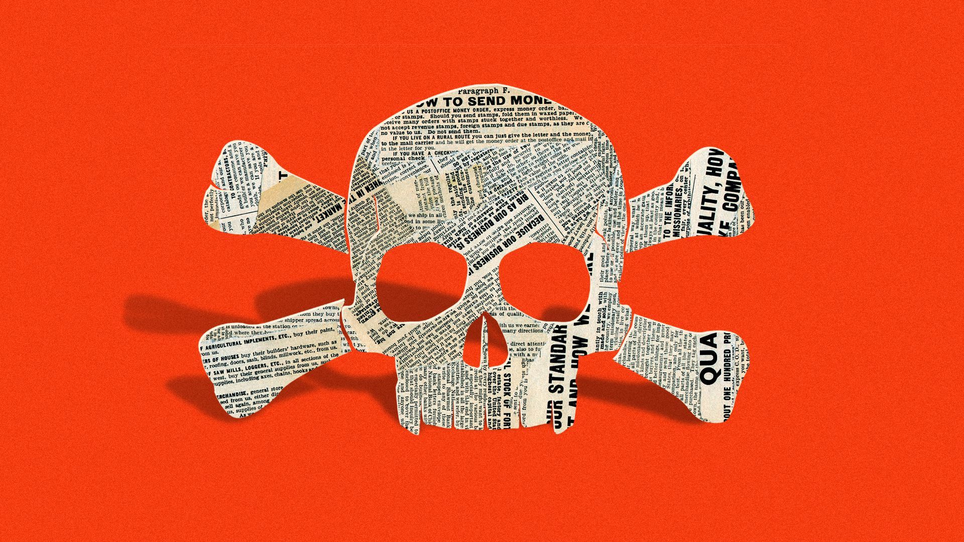 Illustration of a skull and bones made out of newspaper