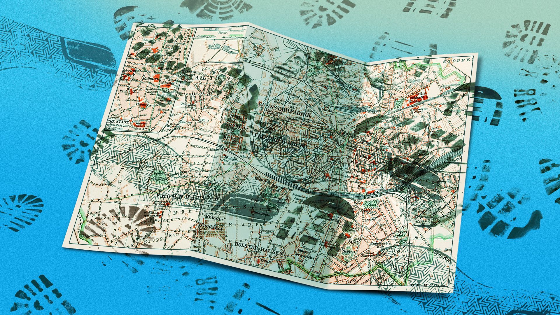 Illustration of a city map with footprints all over it