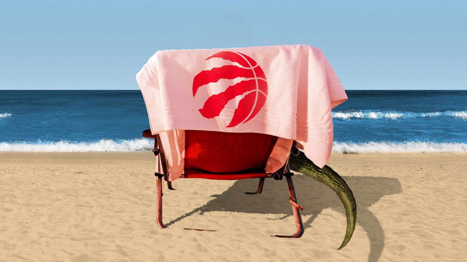 Illustration of a raptor sitting on a beach chair with the Raptor's logo on it