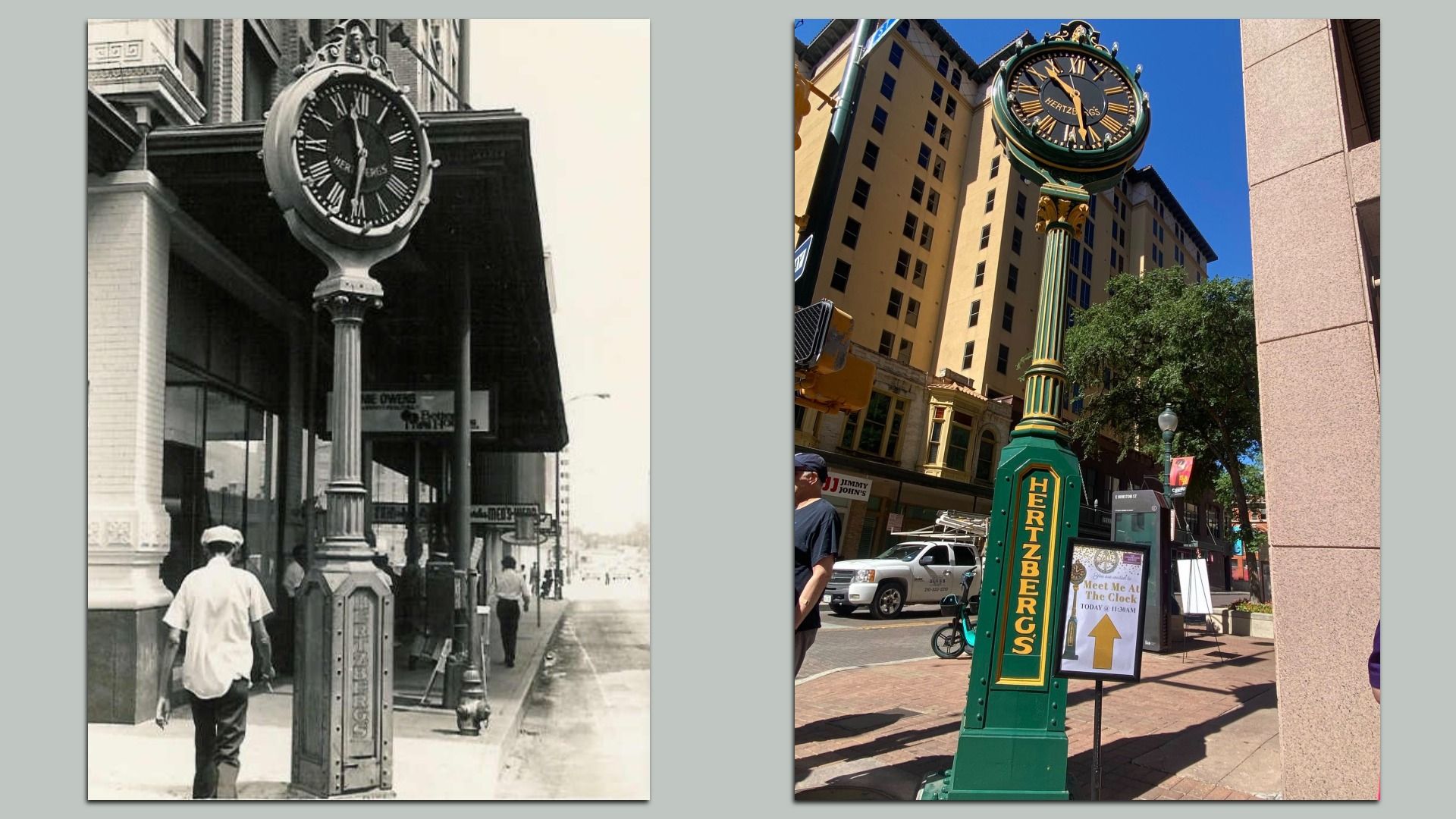 Two street scenes: left a vintage black-and-white photo of a large Roman-numeral clock on a pedestal by a storefront; right a sunny color shot of a green ornate clock labeled Hertzberg's on a street pillar.