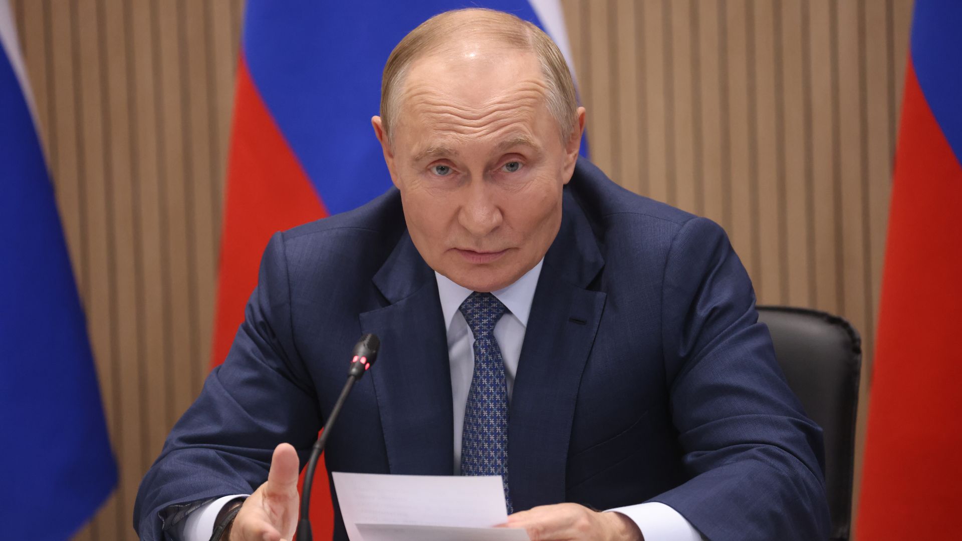  Russian President Vladimir Putin speaks during the meeting of development of military industry at the Special Technology Center on September 19, 2024 in Saint Petersburg, Russia. 