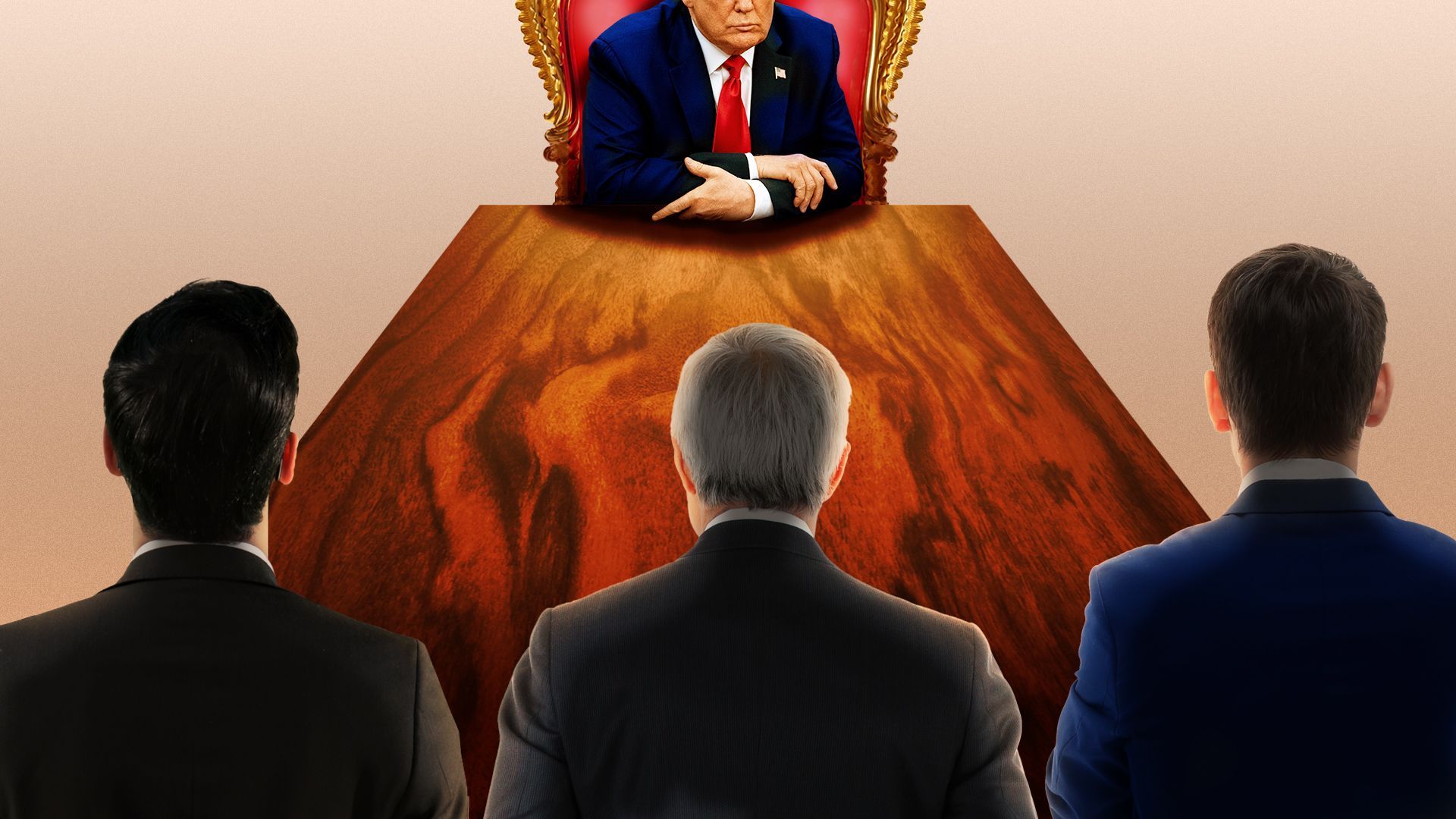 Photo illustration of President Trump sitting in ornate chair at the head of long table with businessmen from behind facing him