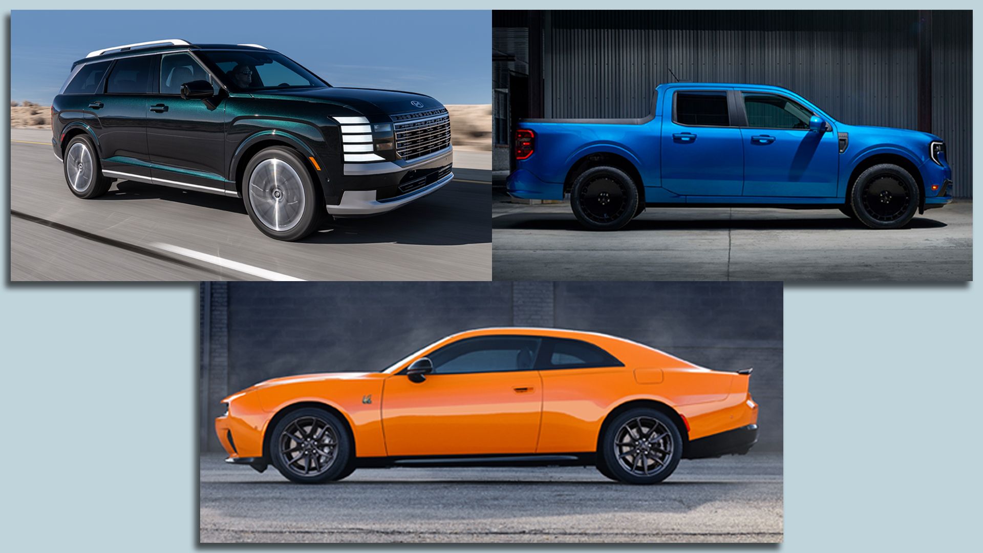 Three side views of vehicles: a black SUV driving on a road, a blue pickup truck parked indoors, and an orange sports coupe against a dark wall.