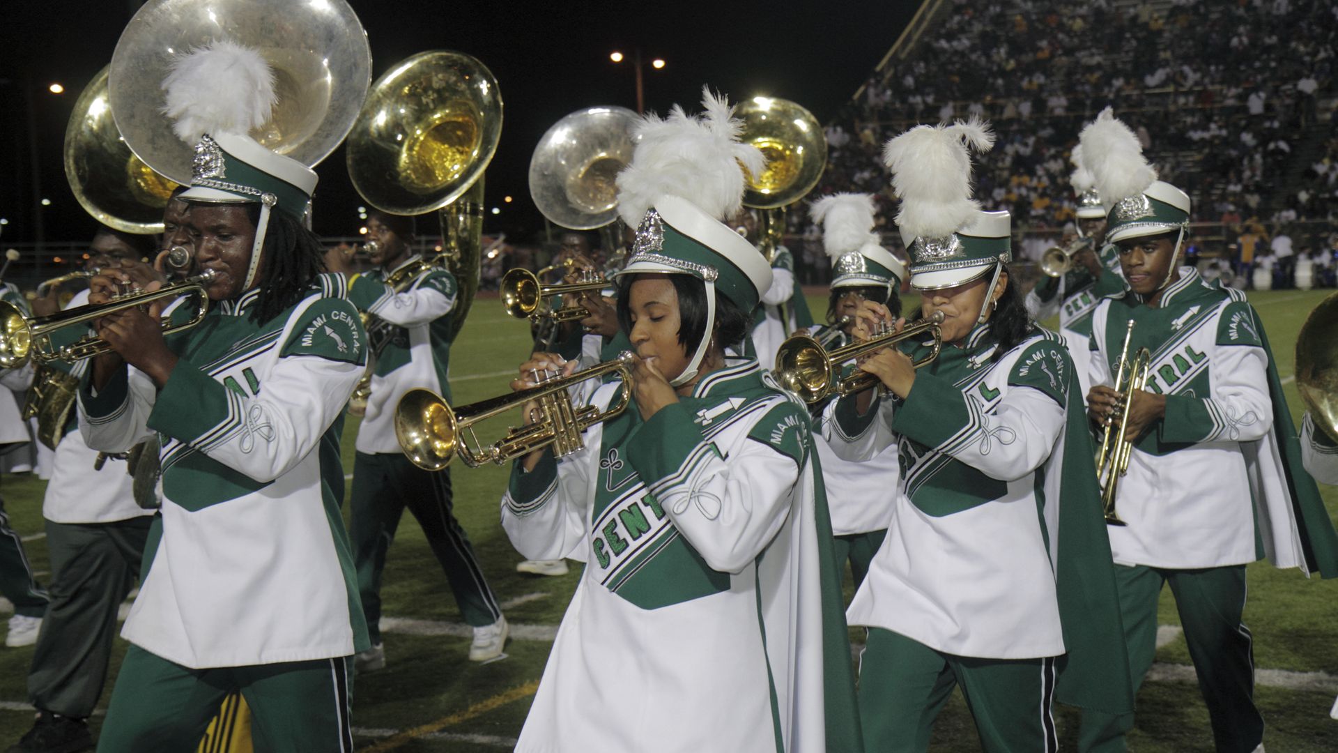 A band performing at the half time show at Traz Powell Stadium, high school football playoff game, Northwestern vs. Central. 