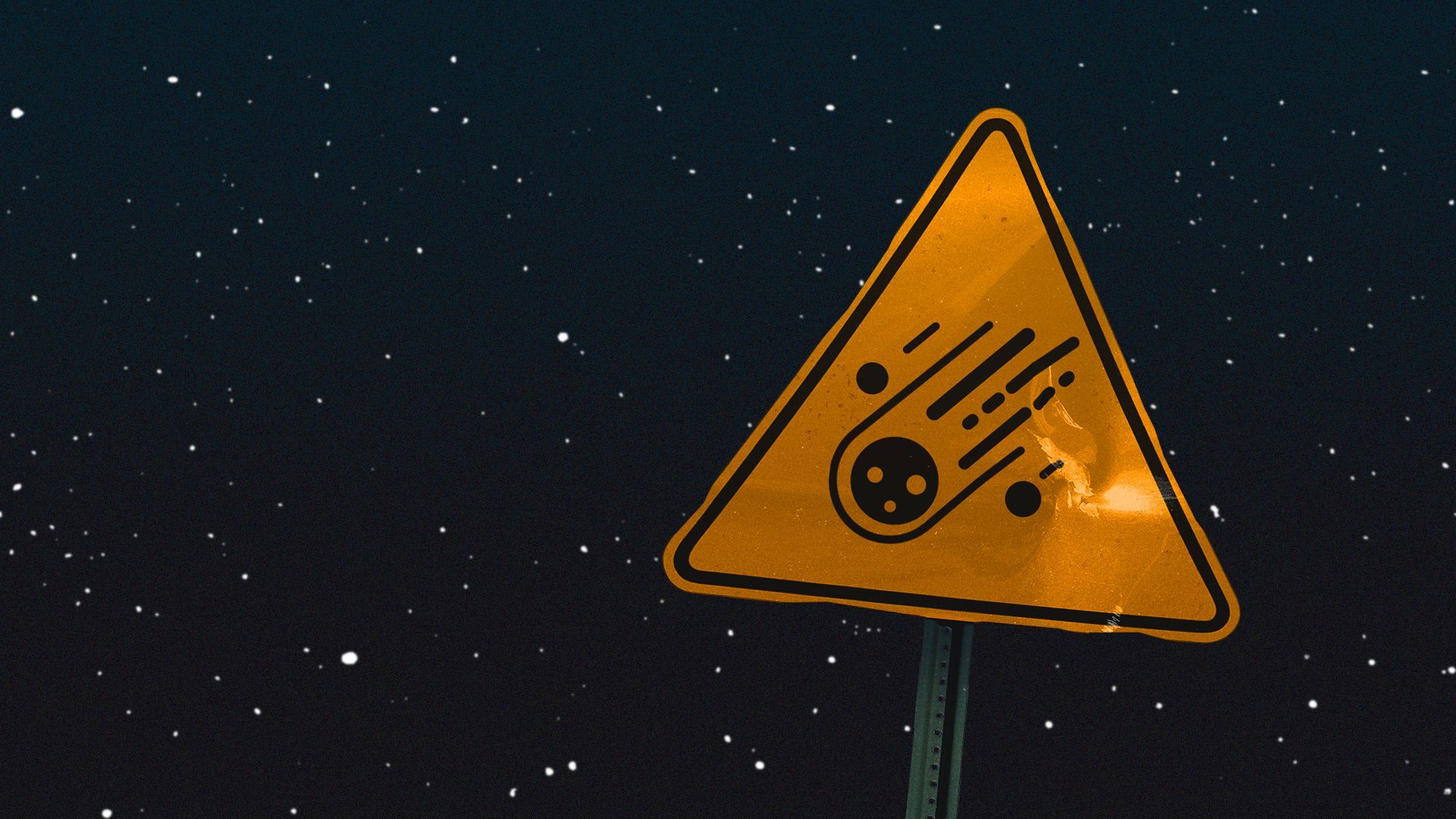 Illustration of a dented caution sign with an asteroid.
