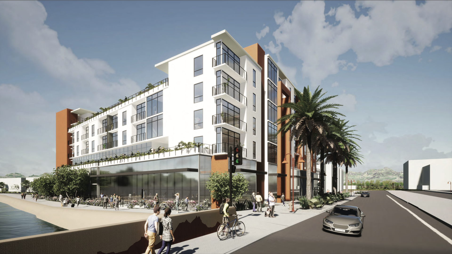 Artist's rendering of a five-story apartment building along a canal