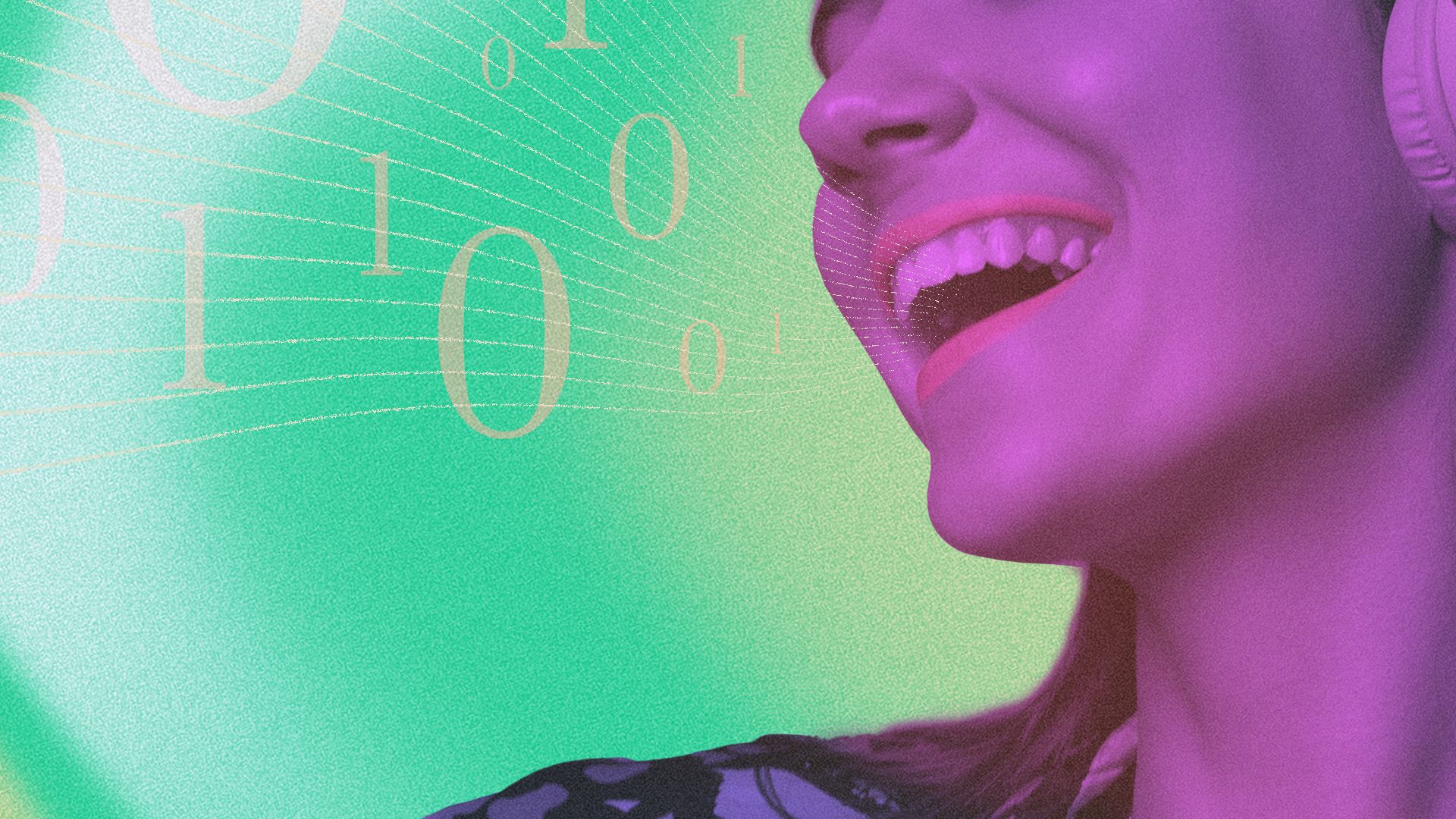 Illustration of a woman singing with wavy lines and binary code coming out her mouth