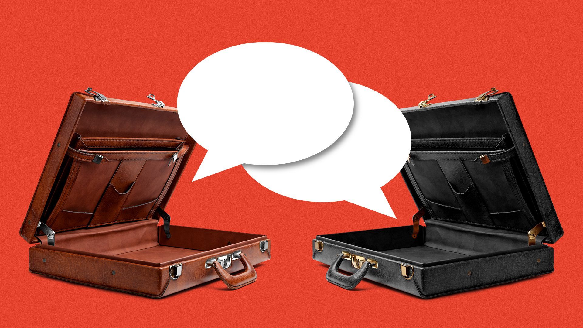 Illustration of two open briefcases facing each other with speech bubbles over them as if they're having a conversation. 