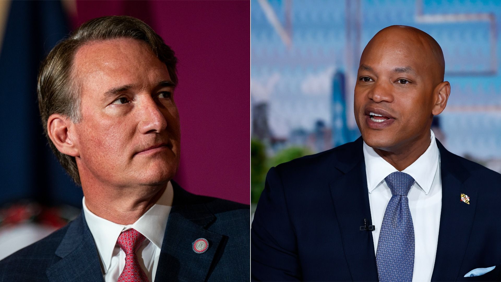 Split image of two men in suits and ties.