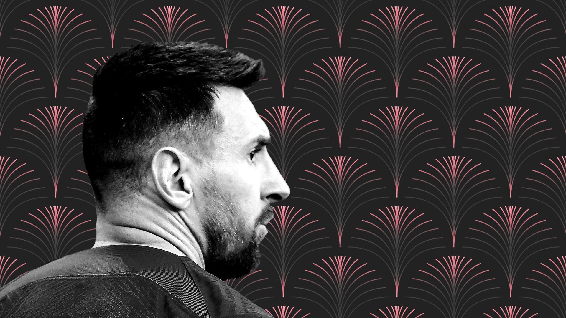 Photo illustration of Lionel Messi in front of a black and pink art deco pattern of palm leaves. 