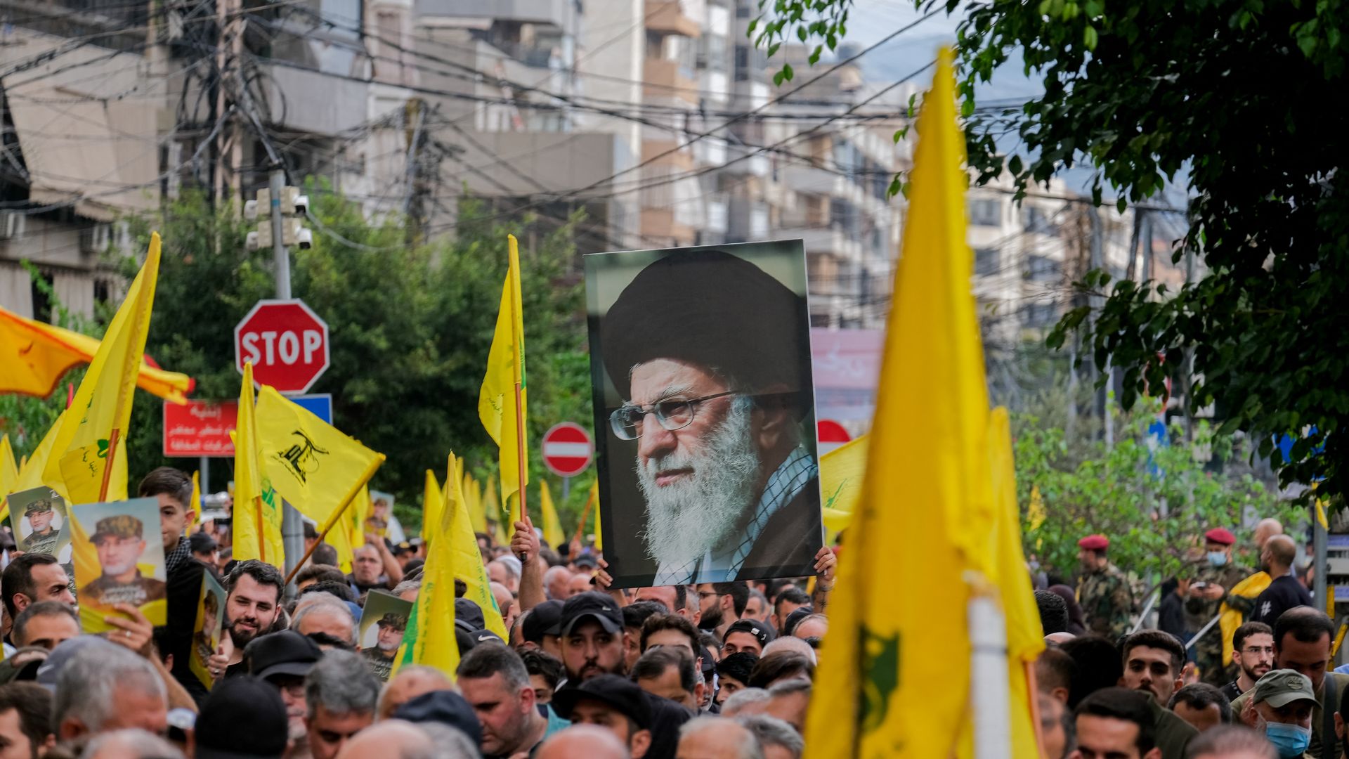 Hezbollah supporters follow the coffins at the funeral of Ibrahim Aqil, the Hezbollah Radwan Forces commander, and Mahmoud Hamad, another Hezbollah commander, both killed in an Israeli airstrike in a southern suburb of Beirut, Lebanon. 