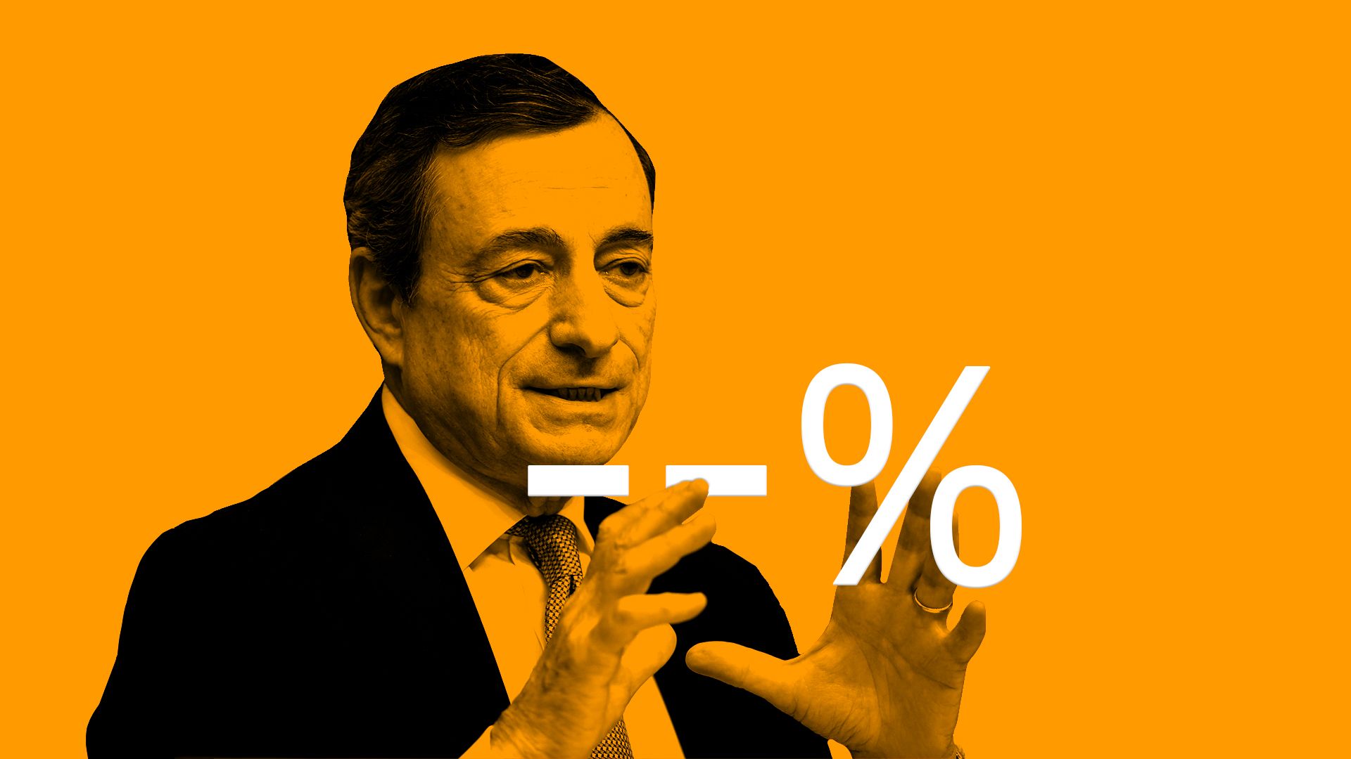 Illustration of Mario Draghi with an interest sign with two negatives.