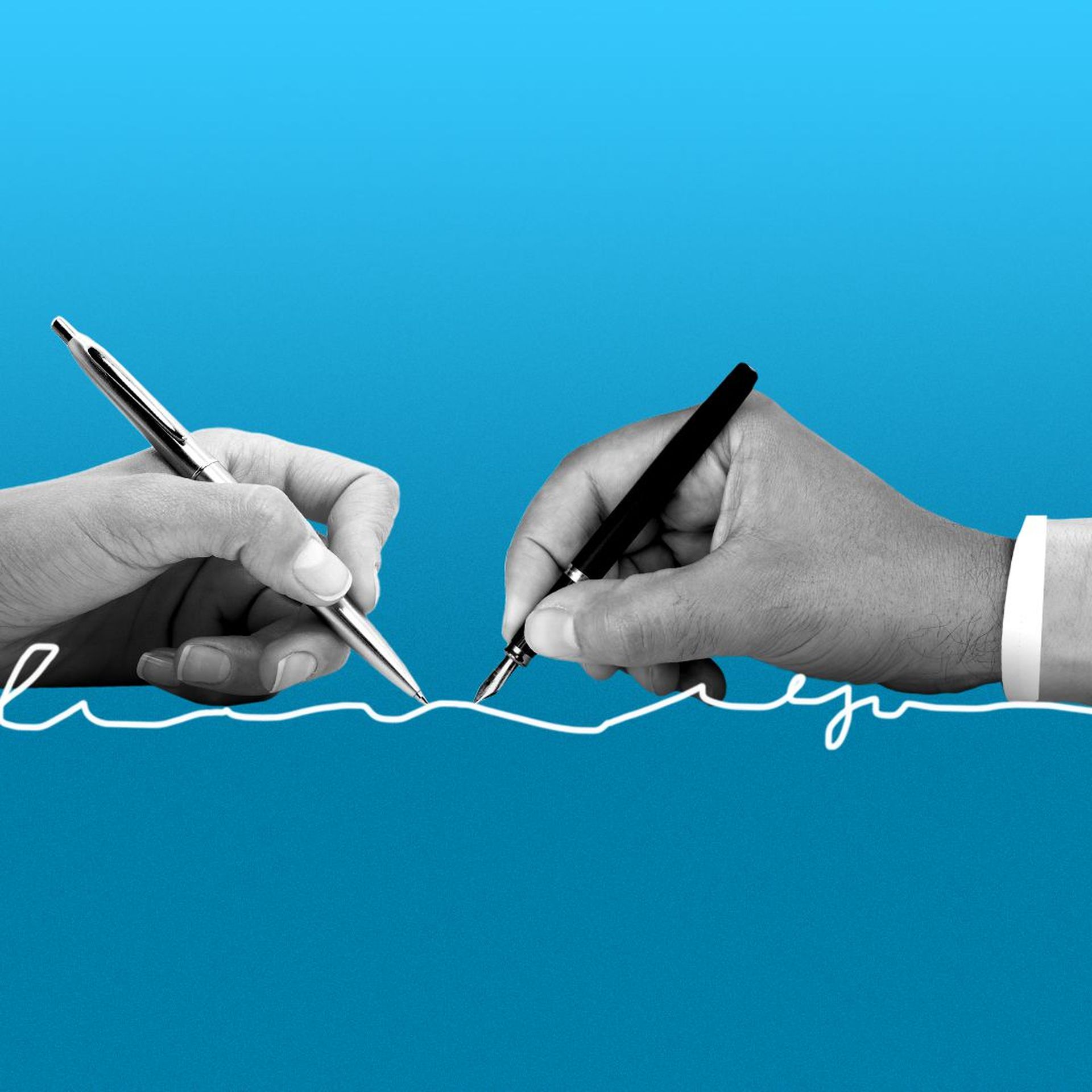 Illustration of four unique hands with pens contributing to the same hand-written scribble