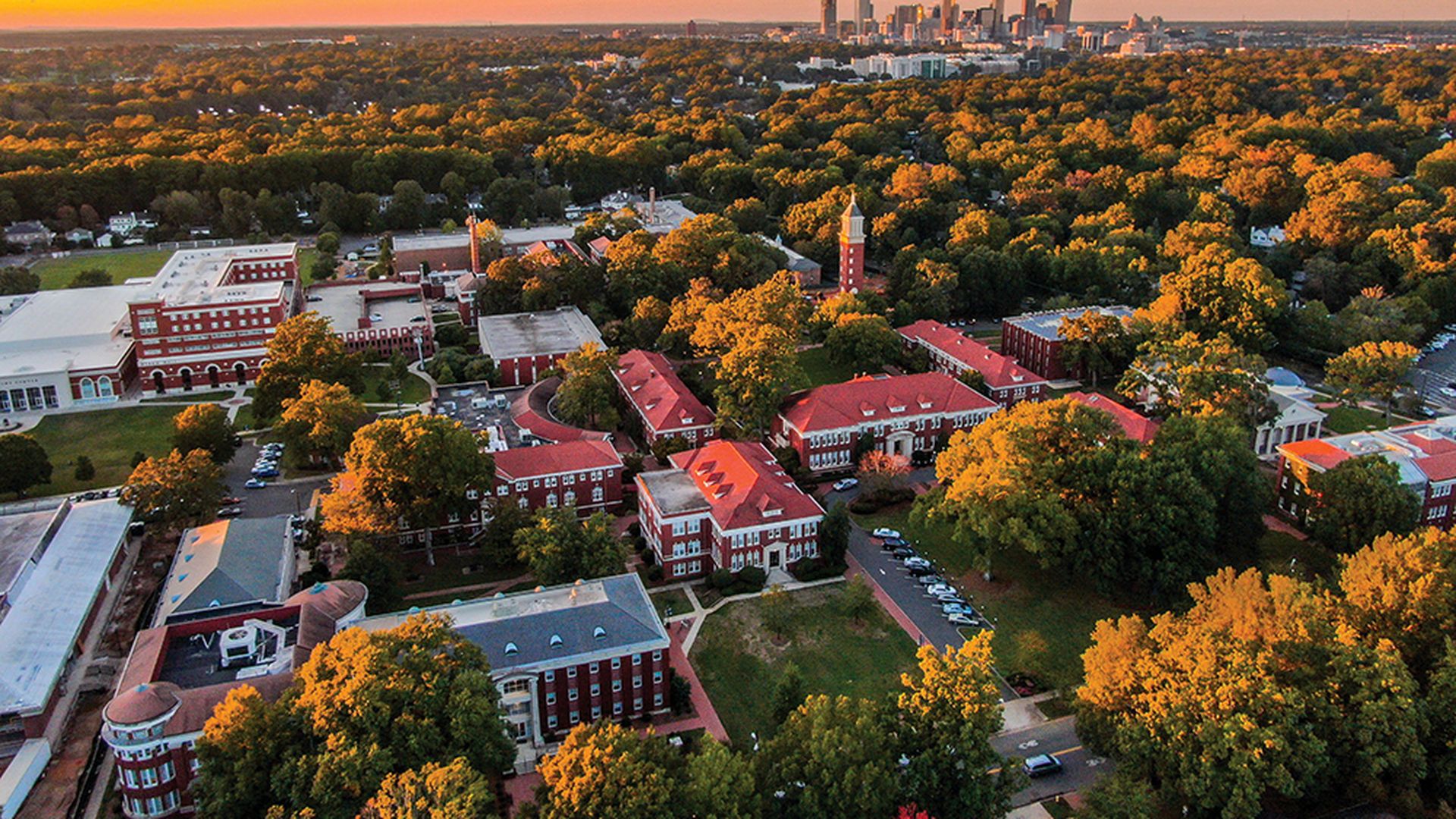 Queens University of Charlotte with the Uptown skyline in the background.