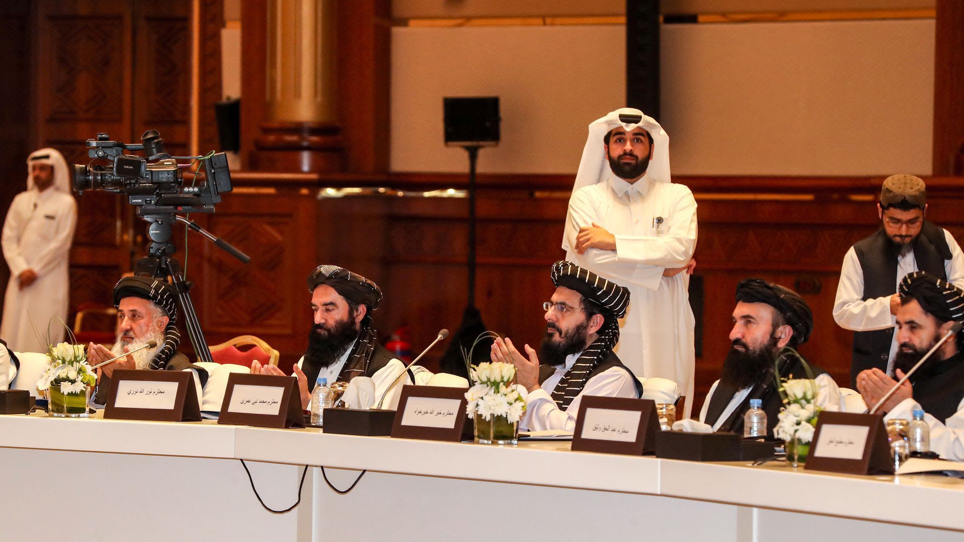 Taliban leaders during peace talks with the U.S. in July in Qatar. Photo: Karim Jaafar/AFP/Getty Images