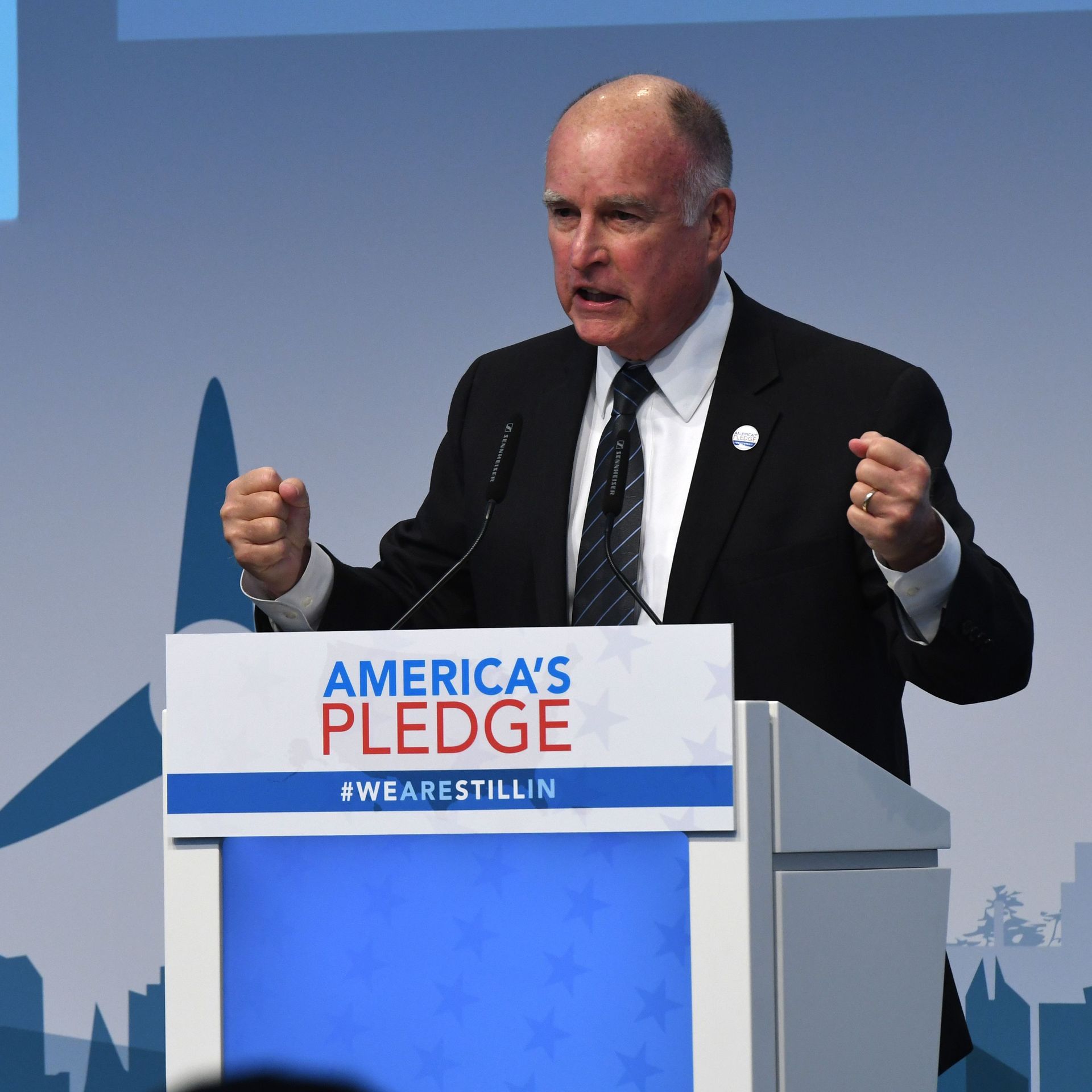 US Governor of California, Jerry Brown speaks at the launch event at the US climate action center on November 11, 2017 during the COP23 United Nations Climate Change Conference.