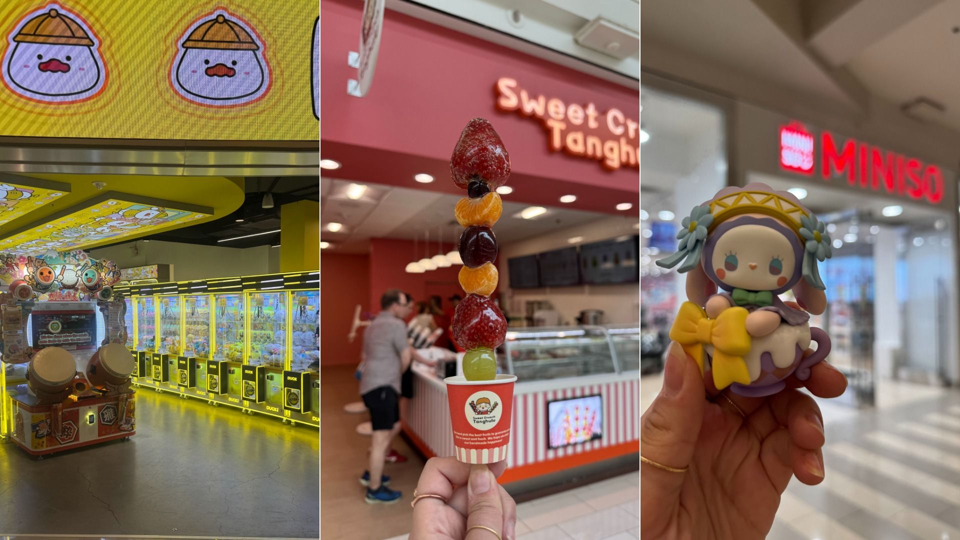 Triptych: Left shows a bright yellow arcade with crane machines and cartoon logos. Center features a stacked fruit skewer over a striped cup at a mall counter. Right shows a pastel character with flowers near a MINISO store.