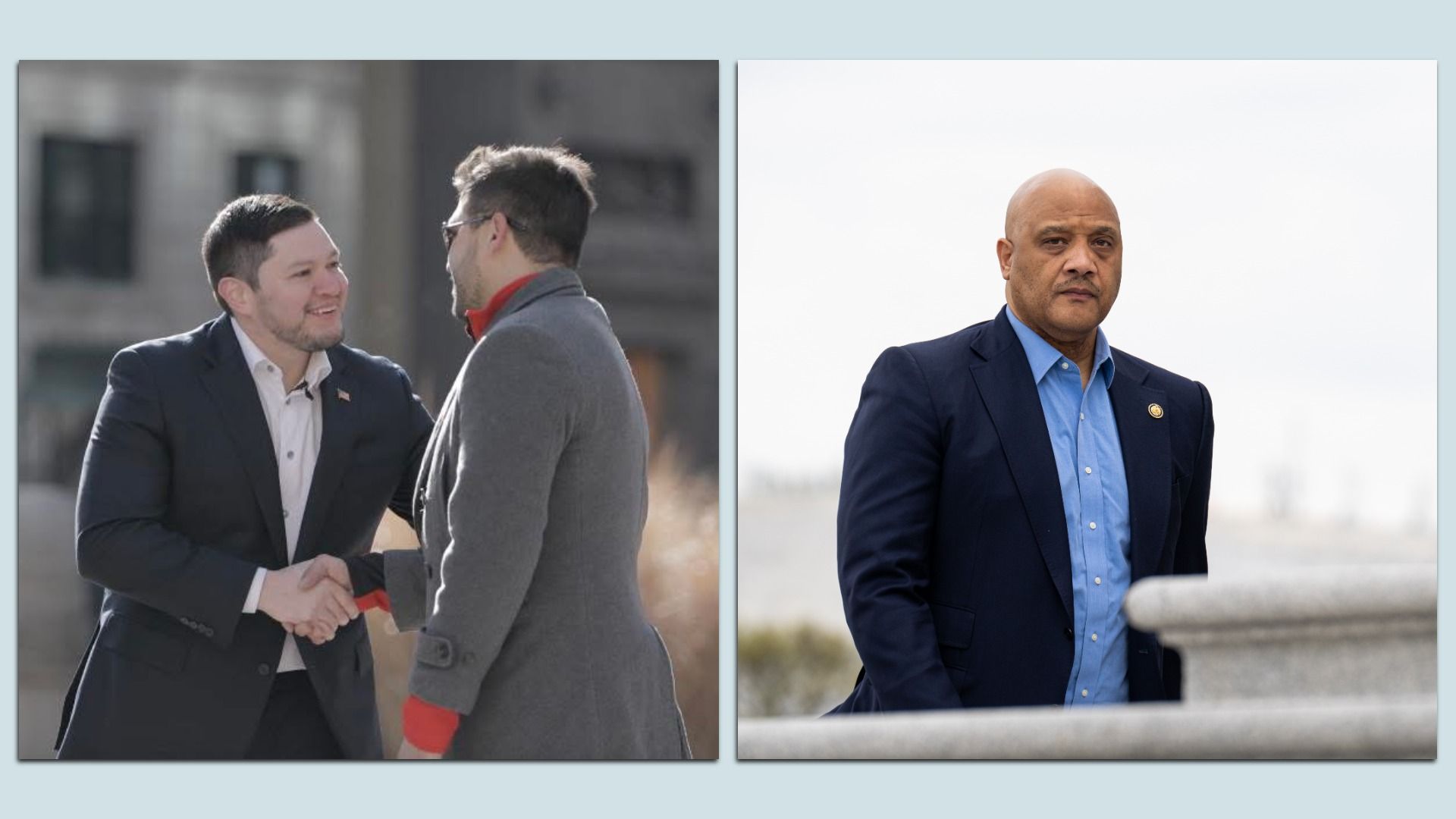 Side by side photos of guys in suits. One is shaking hands