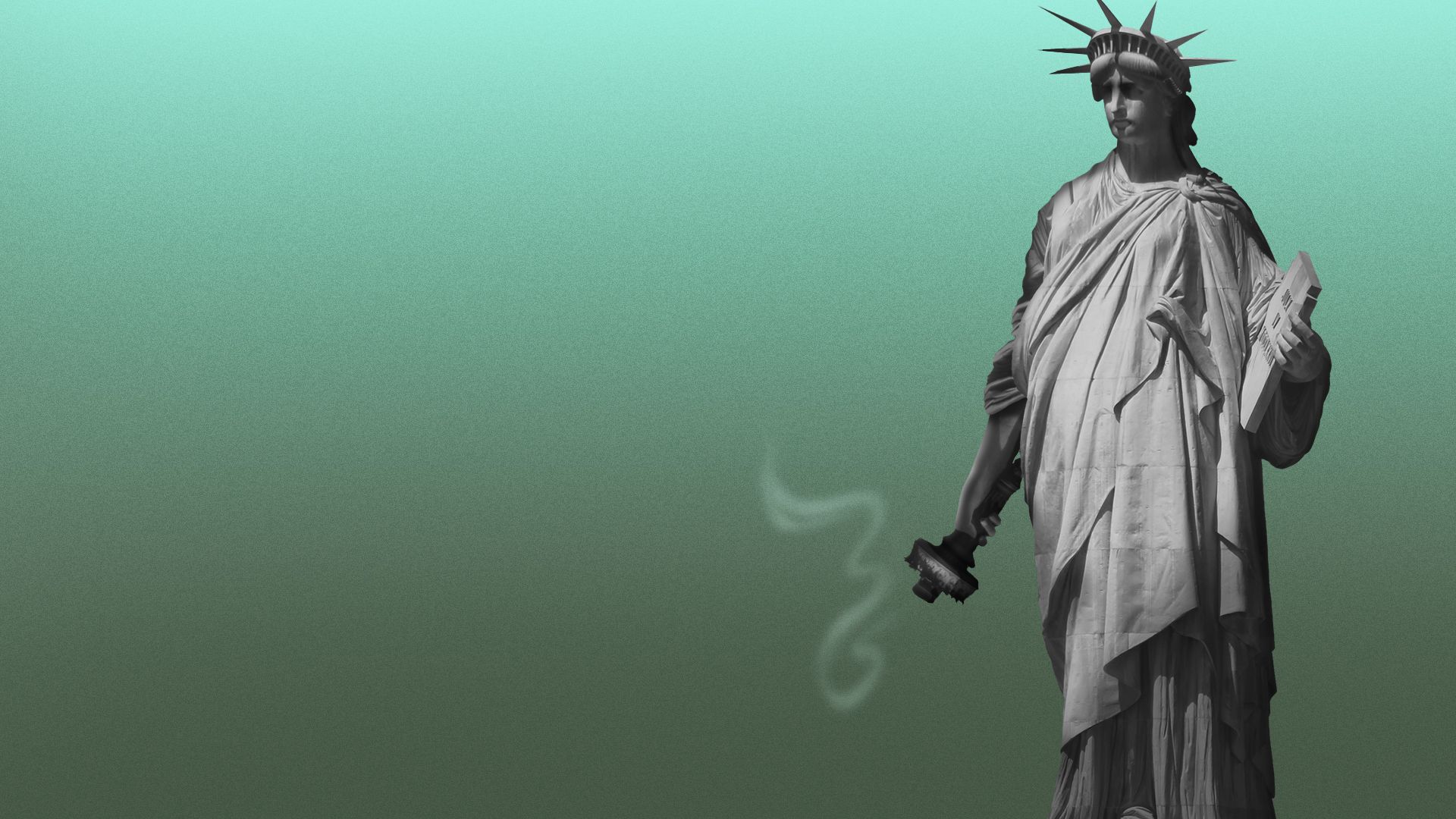Illustration of the Statue of Liberty looking concerned and with her arm down and the flame out on her torch