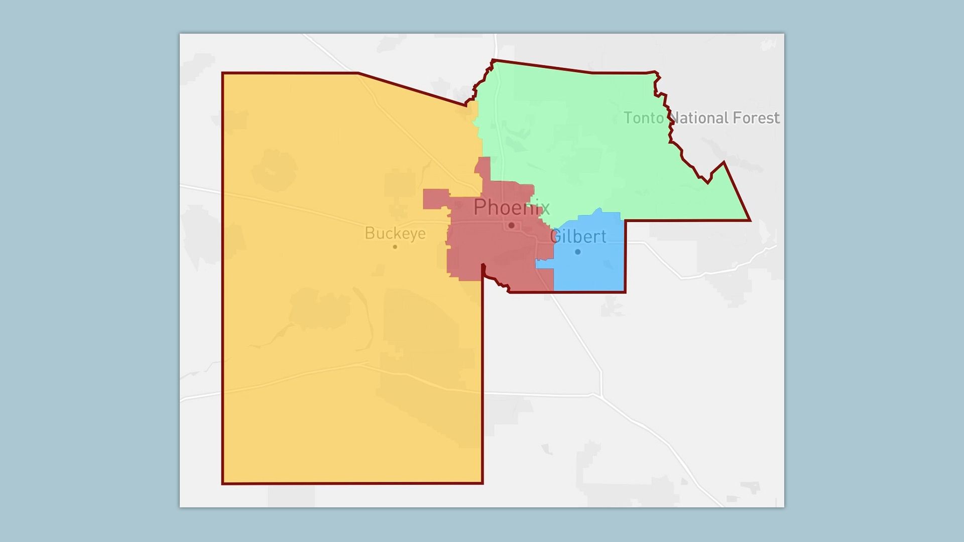 A map of Maricopa County, Arizona, split into four separate counties. 