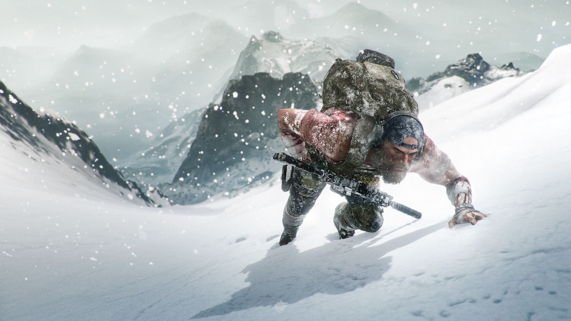 Video game screenshot of a bearded, male soldier crawling up a snowy slop