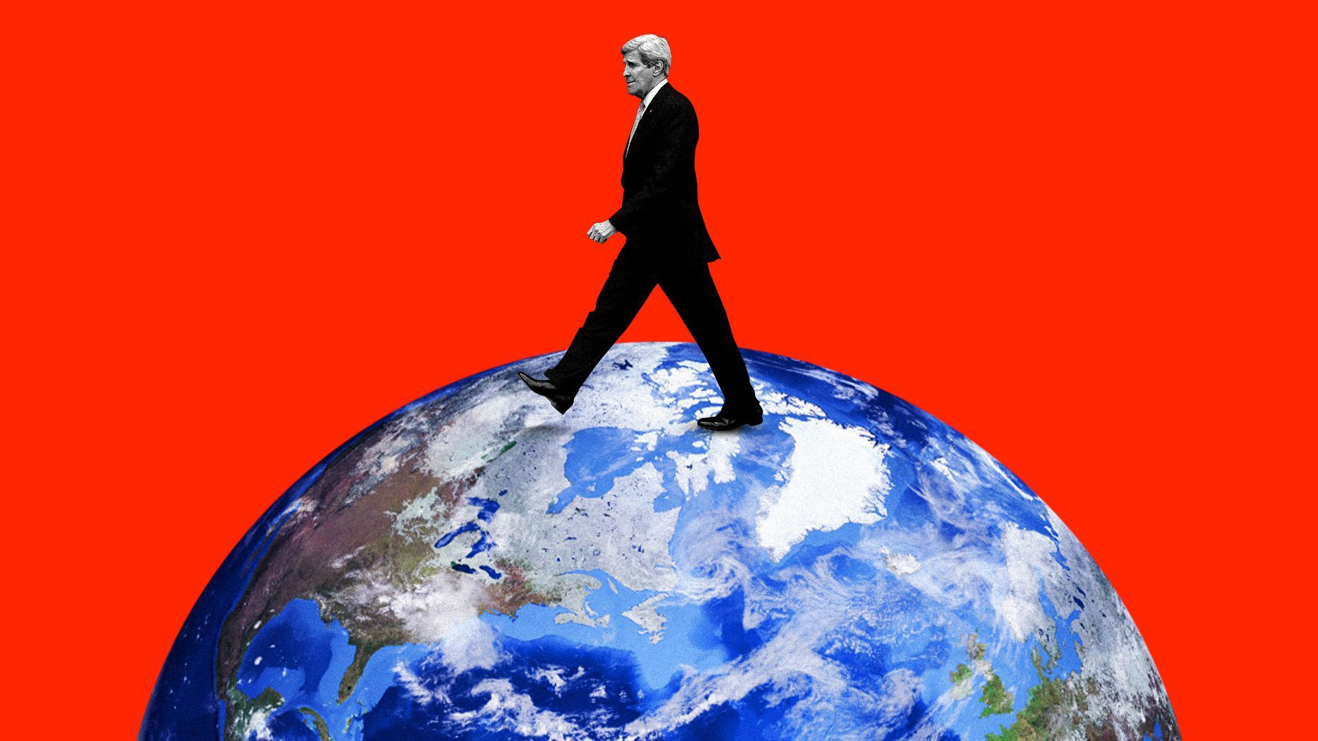 Illustration of John Kerry walking across a globe.  