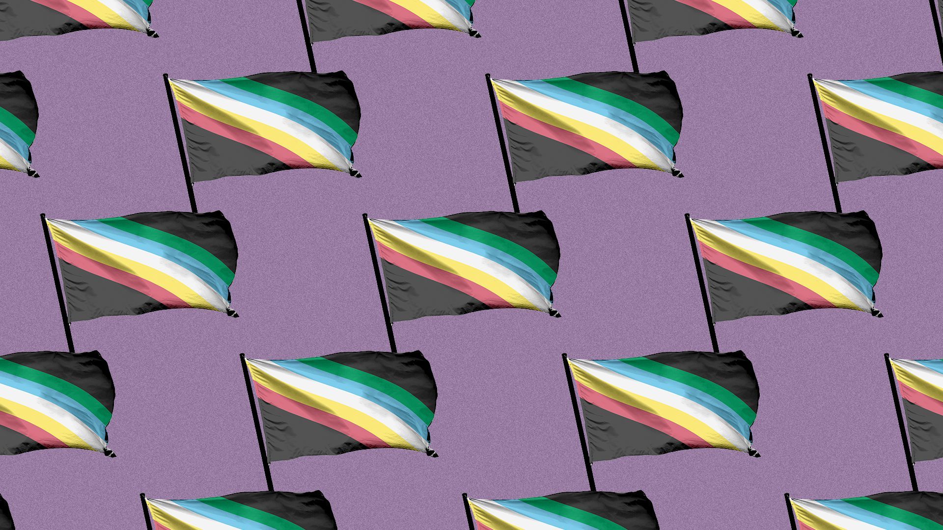 Illustration of a pattern of Disability Pride Month flags.